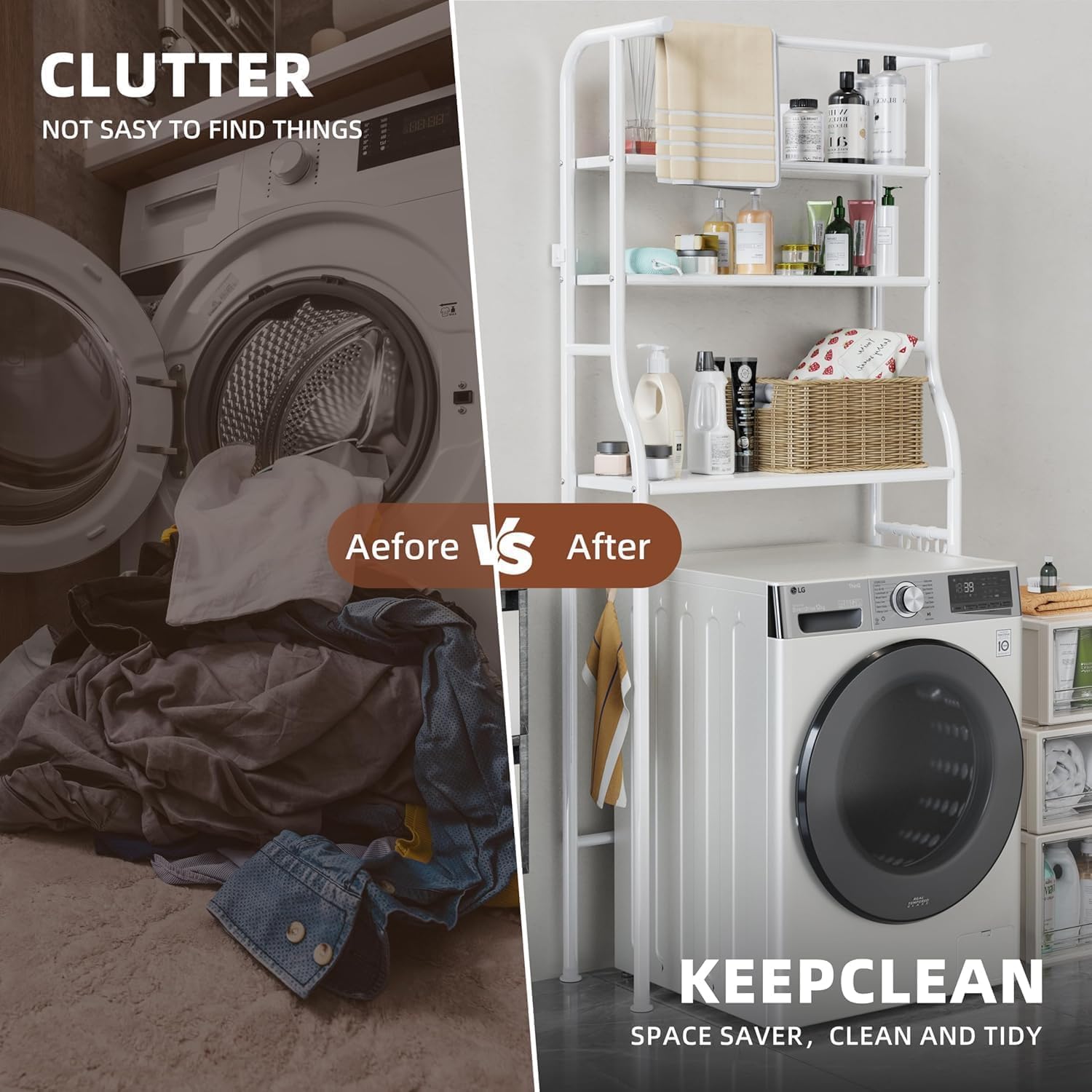 Over The Washer and Dryer Storage Shelf, 3 Tier Laundry Room Metal Drying Rack with Towels Hangers, Space Saver Organizer for Hanging Clothes and Towels (Metal White FA1)