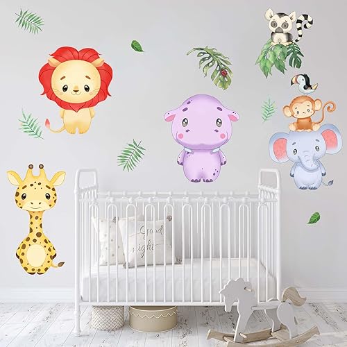 Miniatura 3 de Calcomanías de pared de animales de la selva para bebés, calcomanías de pared de elefantes del bosque, jirafa, hipopótamo, león, guardería,