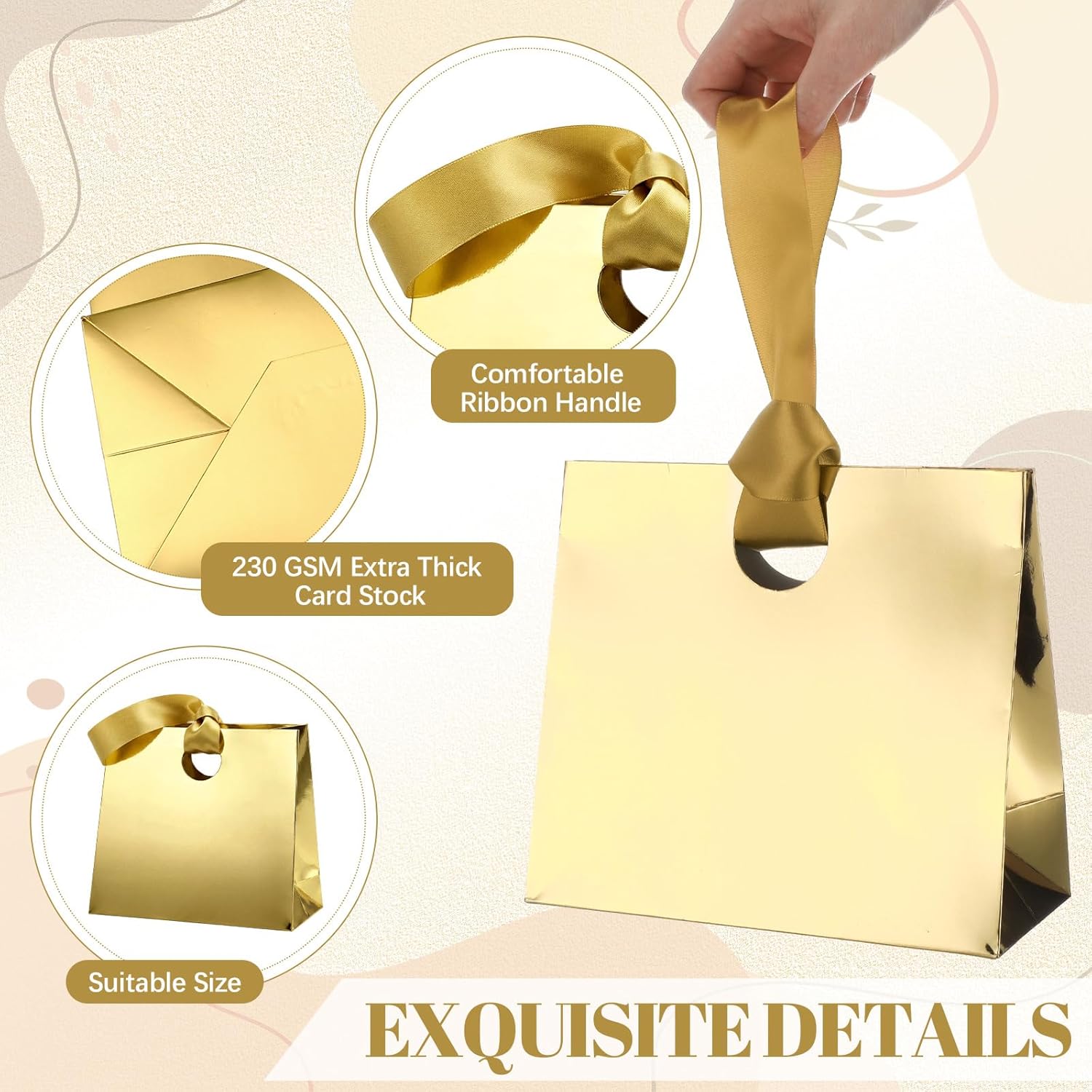 Feifeiya 30 Pcs Small Gold Gift Bags with Ribbon Handles 7.87" x 3.54" x 7.09" Bulk Paper Goodie Bags for Birthday Wedding Bridal Baby Shower Party Favors