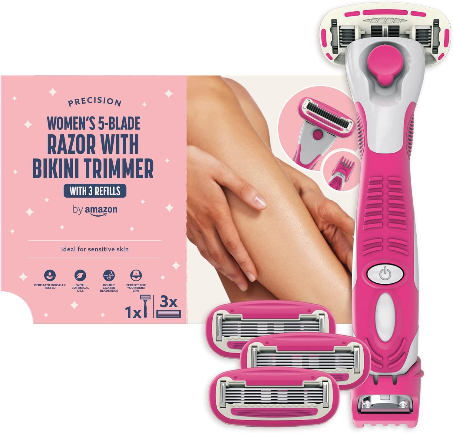 by Amazon Women's 5 Blade Razor with 3-in-1 Trimmer + 3 refillls, Pink