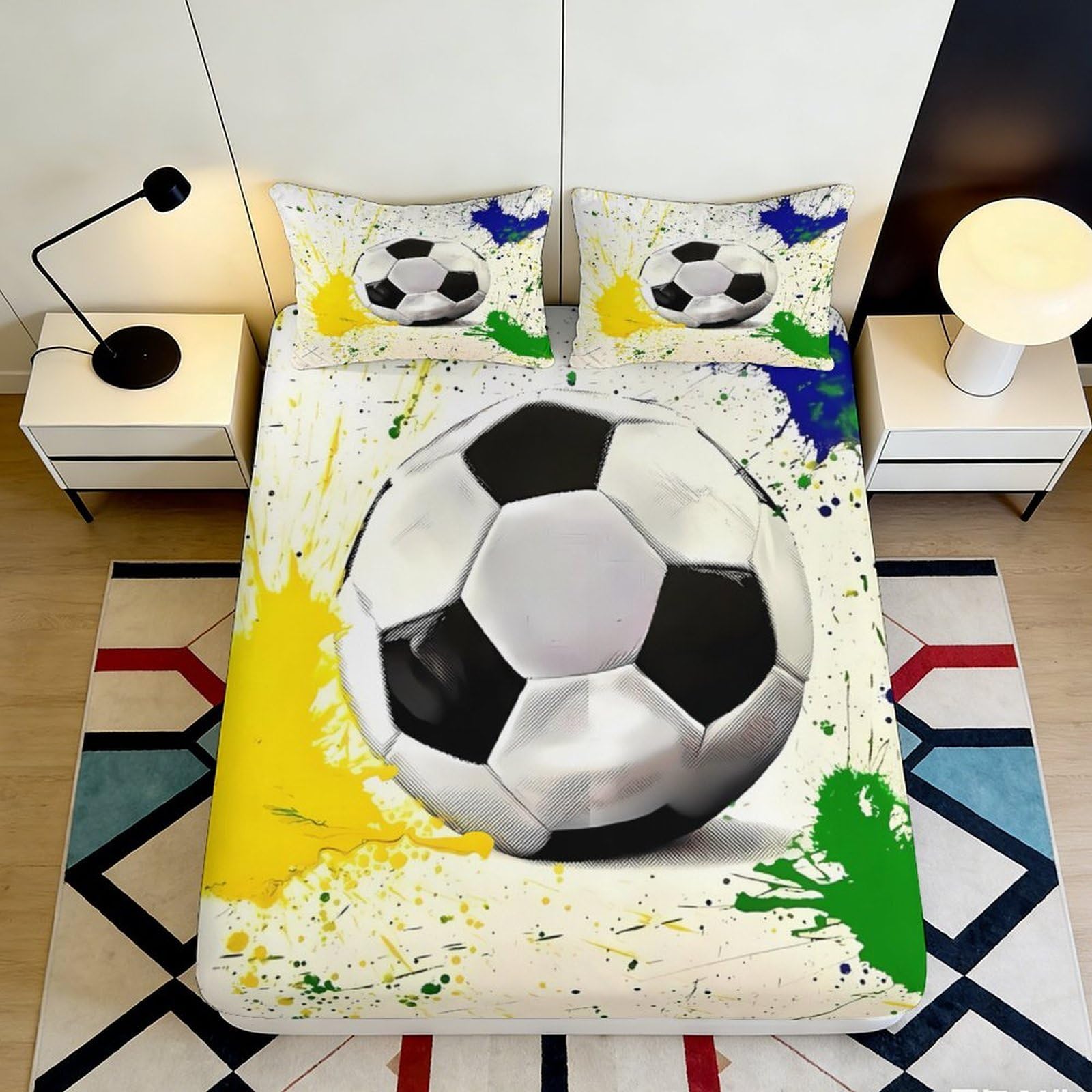 3D Printed Soccer Ball Fitted Sheet Microfiber Soft Breathable Color Splash Bed Cover for Bedroom Dormitory Guest Room Mattress Protection 90x200x25cm
