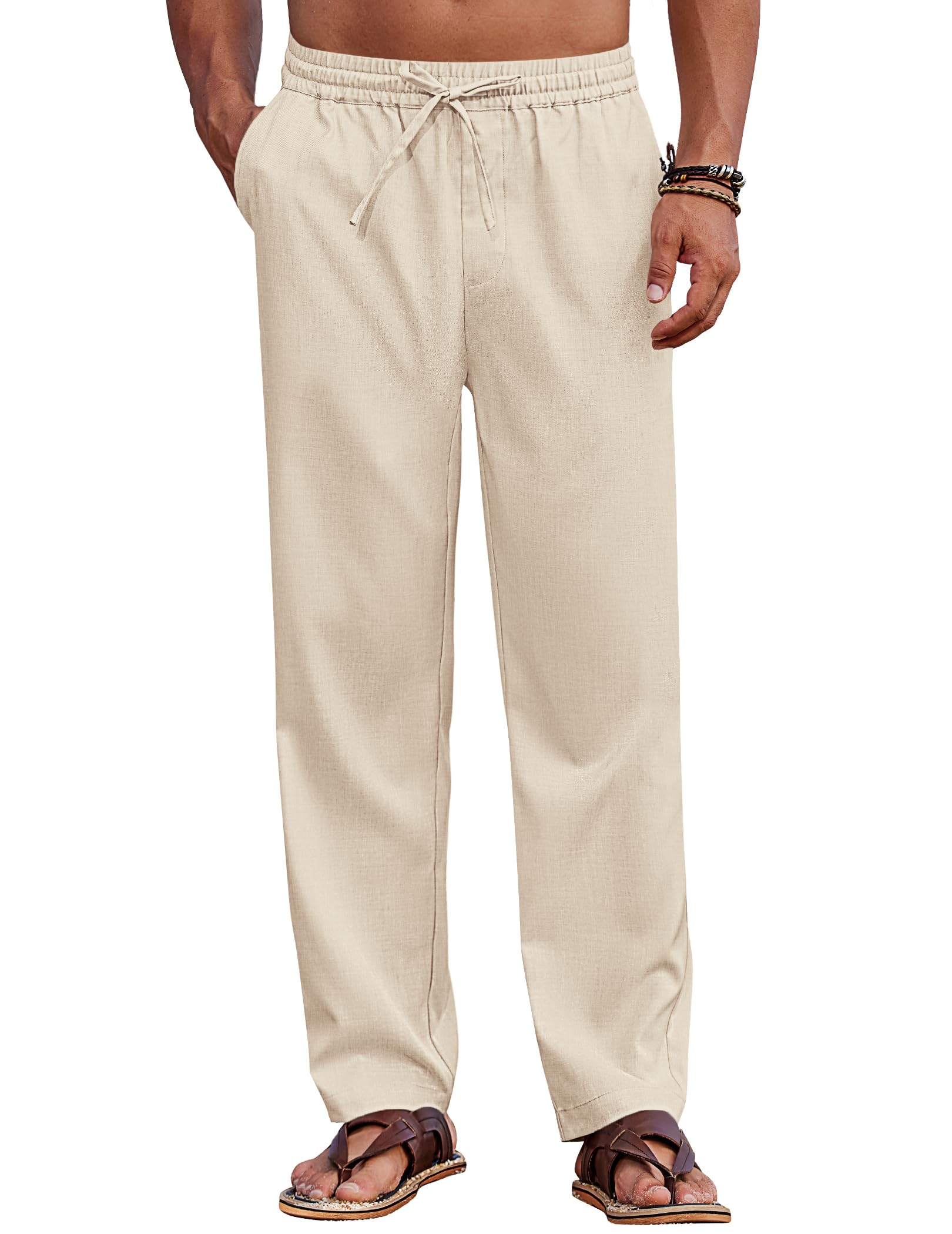 COOFANDY Herren Hose Lang Freizeithose mit Kordelzug Leichte Sommerhose Elastische Taille Strandhose mit Taschen Sommer Hosen