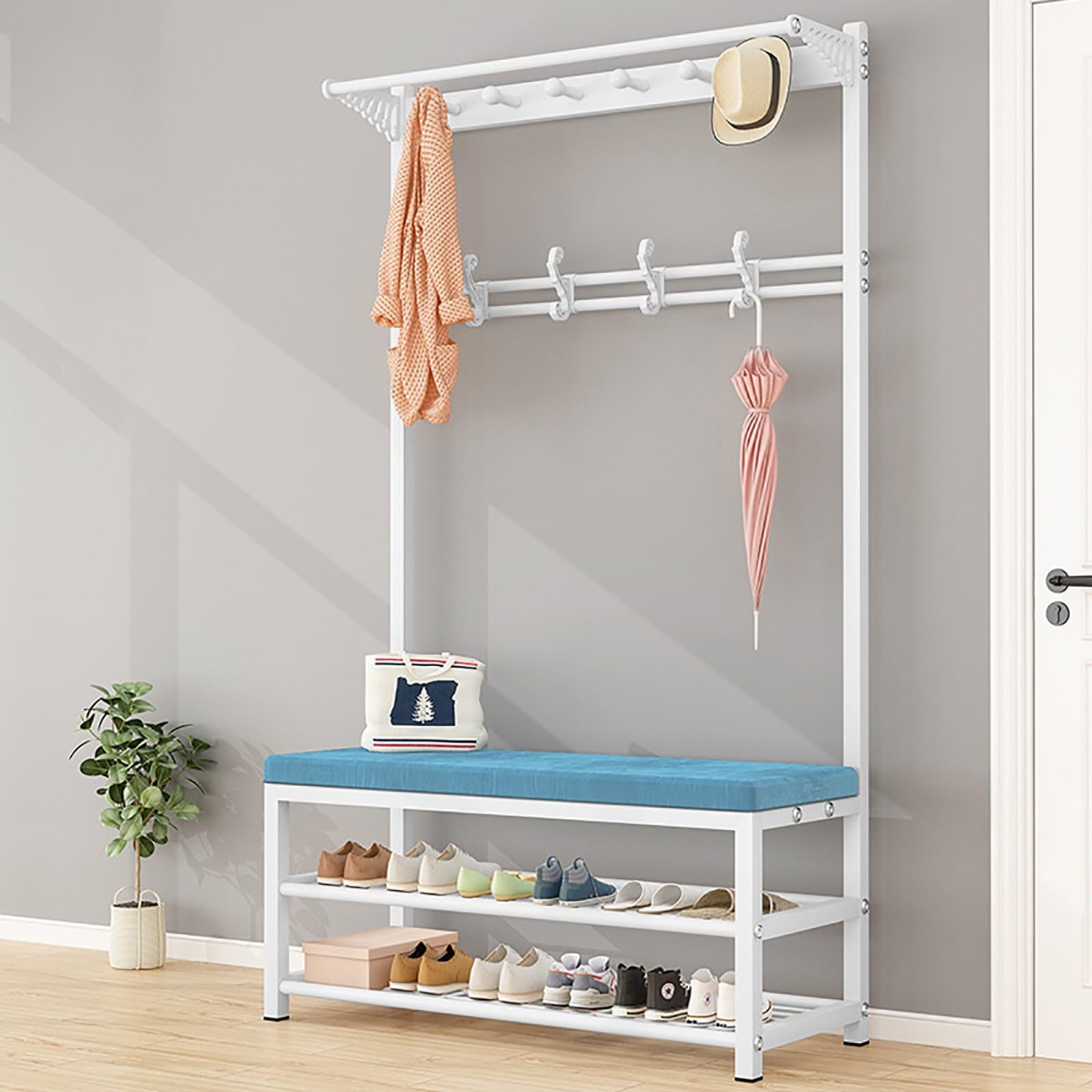 MYUYEE 4 In 1 Wardrobe With Shoe Rack 2 Shelves, Free-Standing Wardrobe With Bench And Removable Hooks, Multifunctional Clothes Rack With Shelf, For Hallway, Entrance Area C, 10(B-100 * 33 * 170Cm)