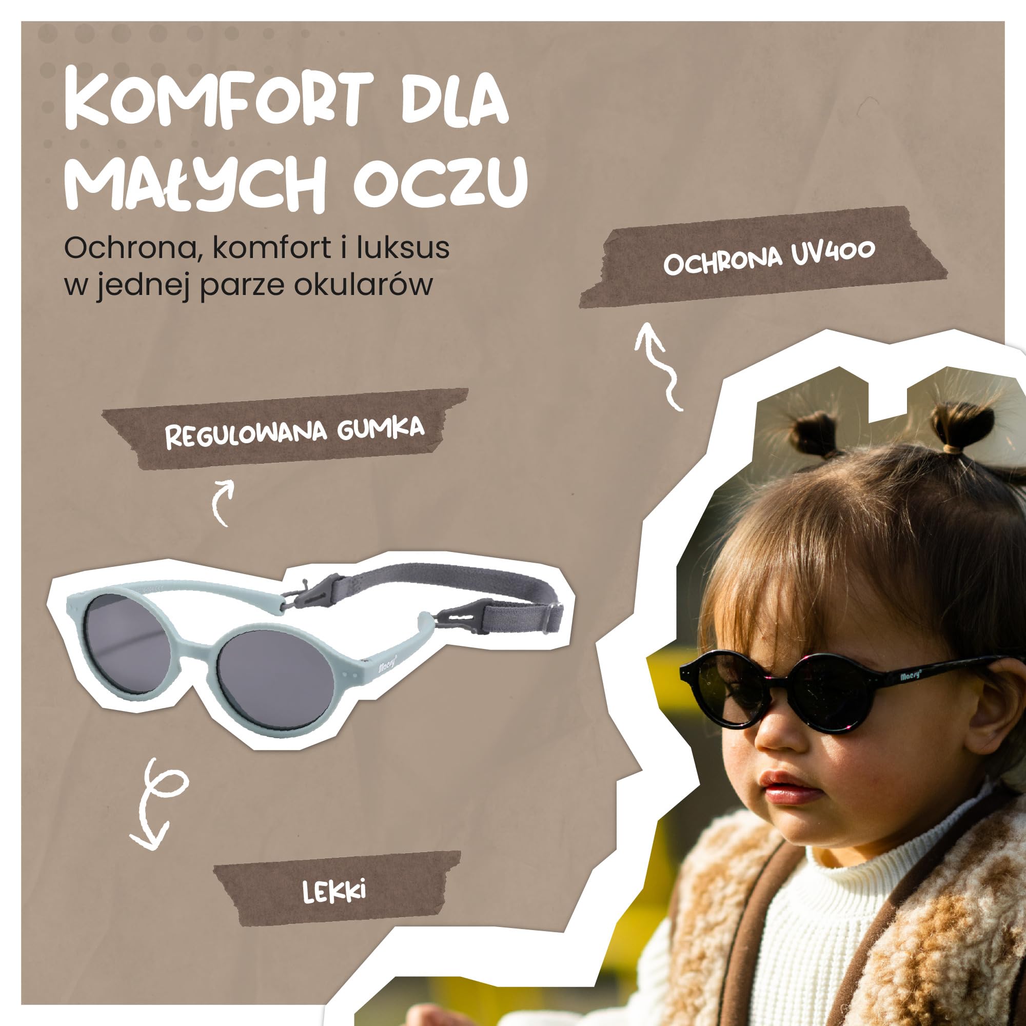 dziecięce okulary przeciwsłoneczne Noah - 0-2 lata - elastyczne, zginane - regulowana gumka - polaryzacja UV400 - dla chłopców i dziewczynek - owalne