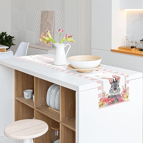 Miniatura 4 de Camino de mesa de Pascua de 72 pulgadas de largo, camino de mesa de primavera floral de conejo a rayas rosas para interiores y exteriores, hogar,