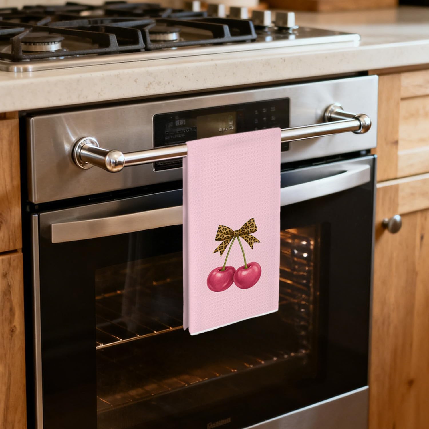 Pink and Leopard Cherry Kitchen Dish Towels, Cheetah Print Gifts for Women, Coquette Leopard Bow Cherry Hand Tea Towels for Kitchen Bathroom Decor, 16x24 Inch Set of 2