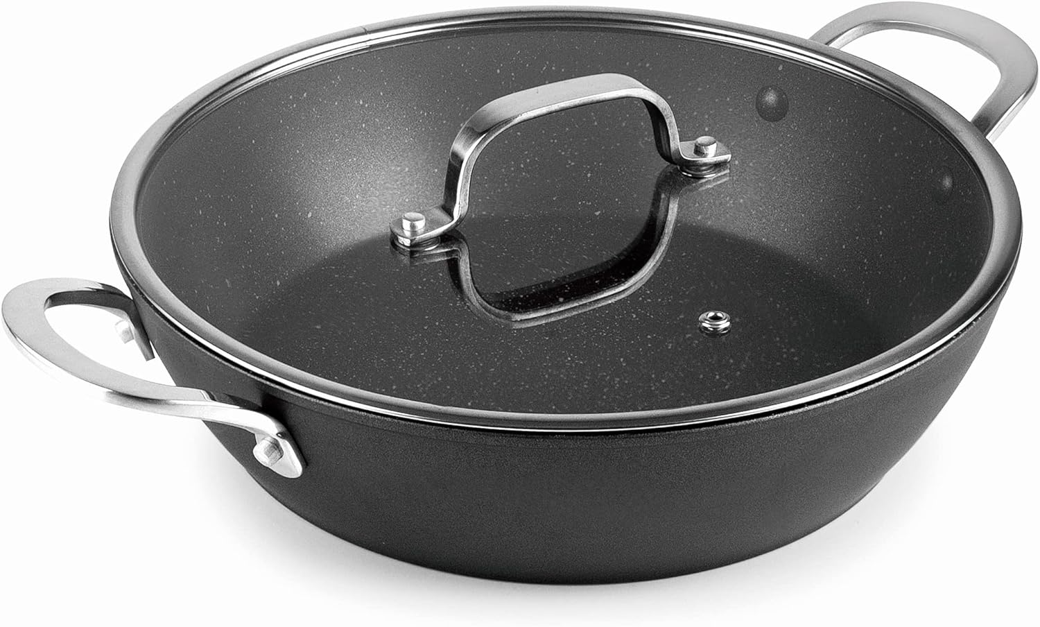 Lacor - 27034 - Low Pot with Lid EASY Ø 24 cm, Forged Aluminium, Tricapa Non-Stick Coating, Full Induction Base, Stainless Steel Handle, Tempered Glass Lid, Ø 24 x 6.5cm, Black