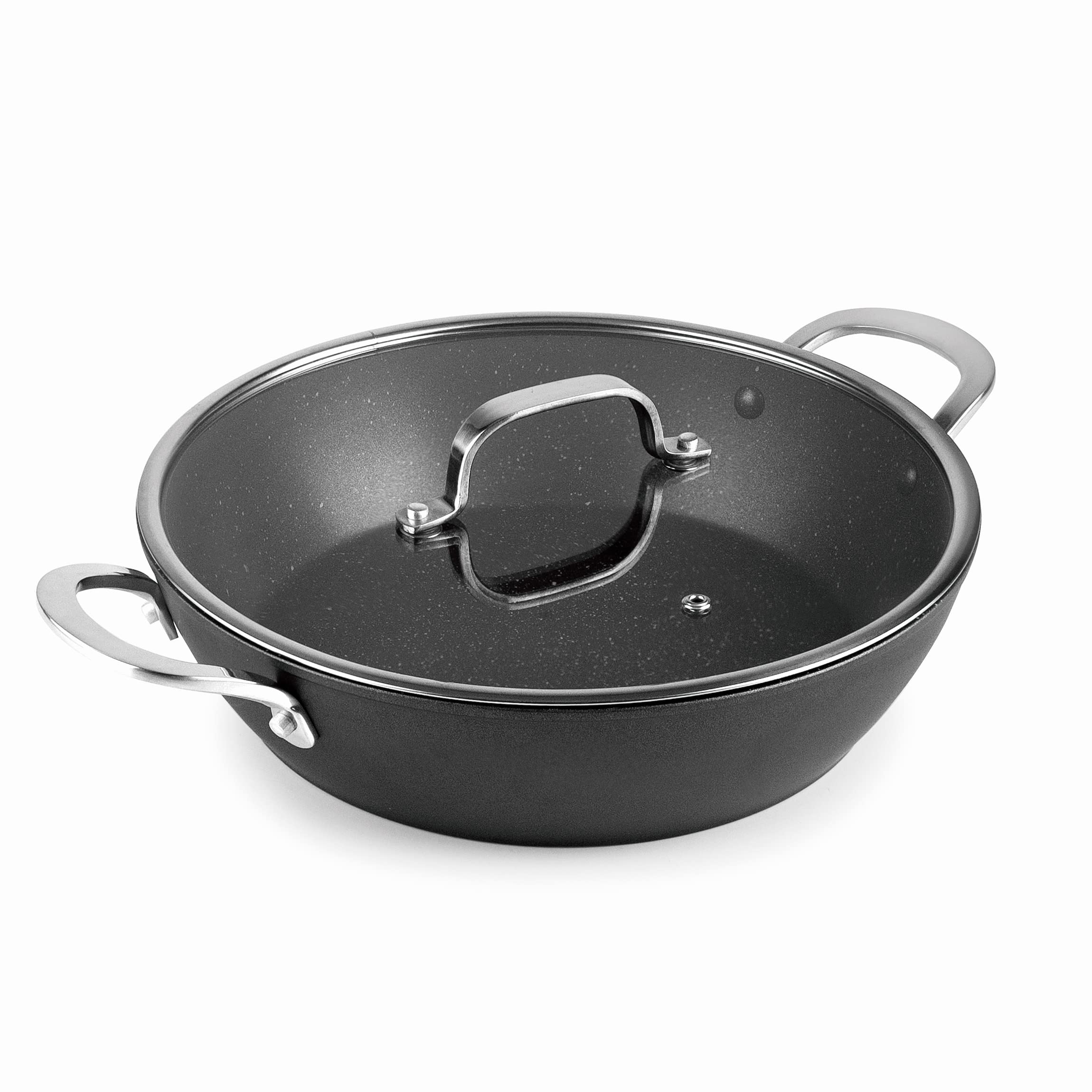 Lacor - 27038 - Cacerola baja con tapa Easy de Aluminio forjado, Recubrimiento antiadherente TRIcapa, Fondo Full Induction, Asa de Acero Inox, Tapa de Vidrio Templado, Ø 28 x 7,​2cm, Negro
