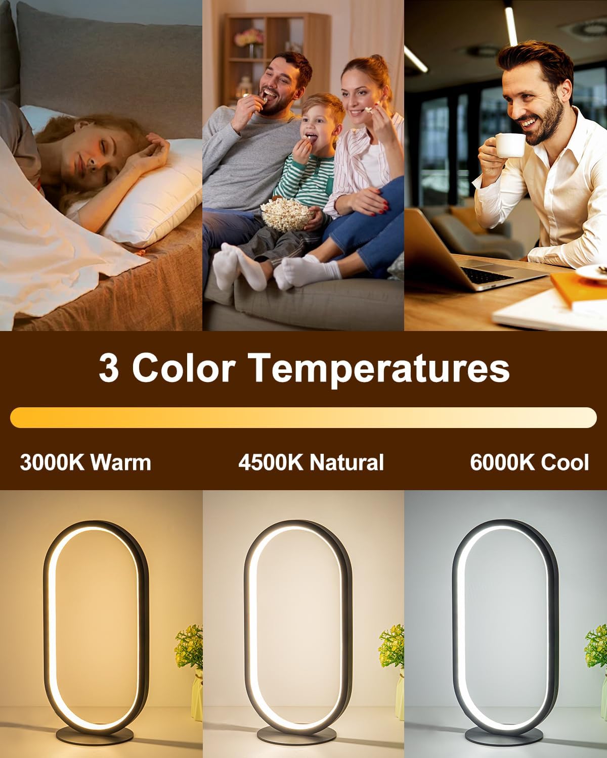 Table Lamps for Set of 2, Stepless Dimmable & 3 Colors Circle Bedside Lamps, Desk Lamps for Home Office, Black Lamps for Nightstand, LED Lamp for Living Room End Table (RD-3681-BK-2P)