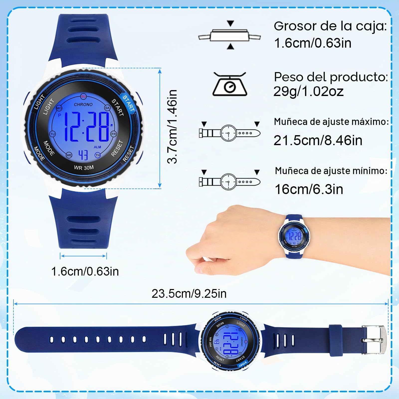 Edillas Reloj Niño Digital Infantil,Reloj Deportivo con LED 7 Colores,Impermeable 30M,Alarma,Cronómetro,Fecha,Regalo para Niños 4-15 Años