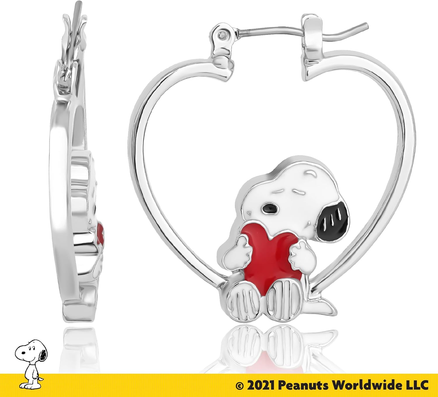 Peanuts Snoopy Heart Hoop Earrings for Women Official License, Silver-Tone