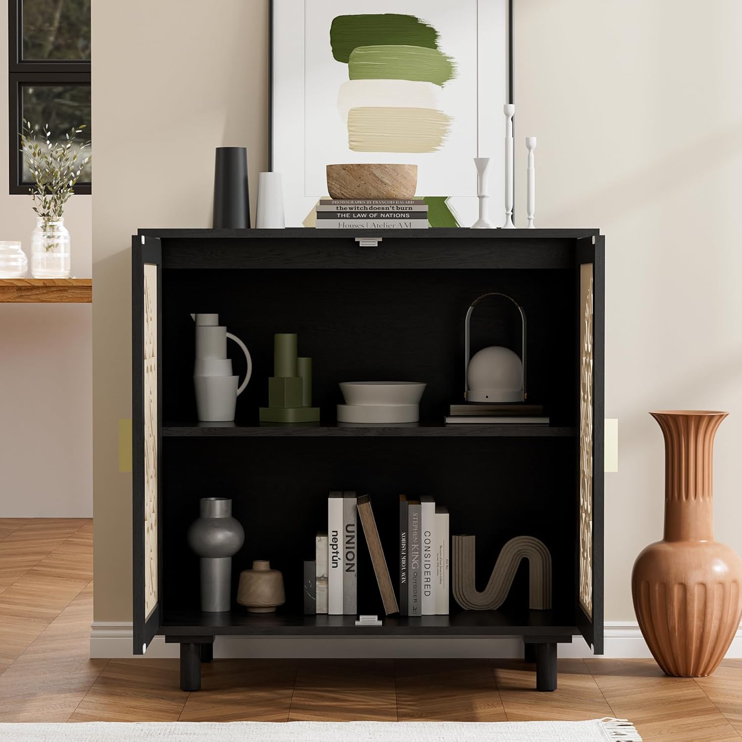 Boho Sideboard Buffet Cabinet, 2 Doors Arched Cabinet with Doors and Shelves, Console TV Stand with Hollow Carving Design for Living Room, Kitchen, Entryway, Black