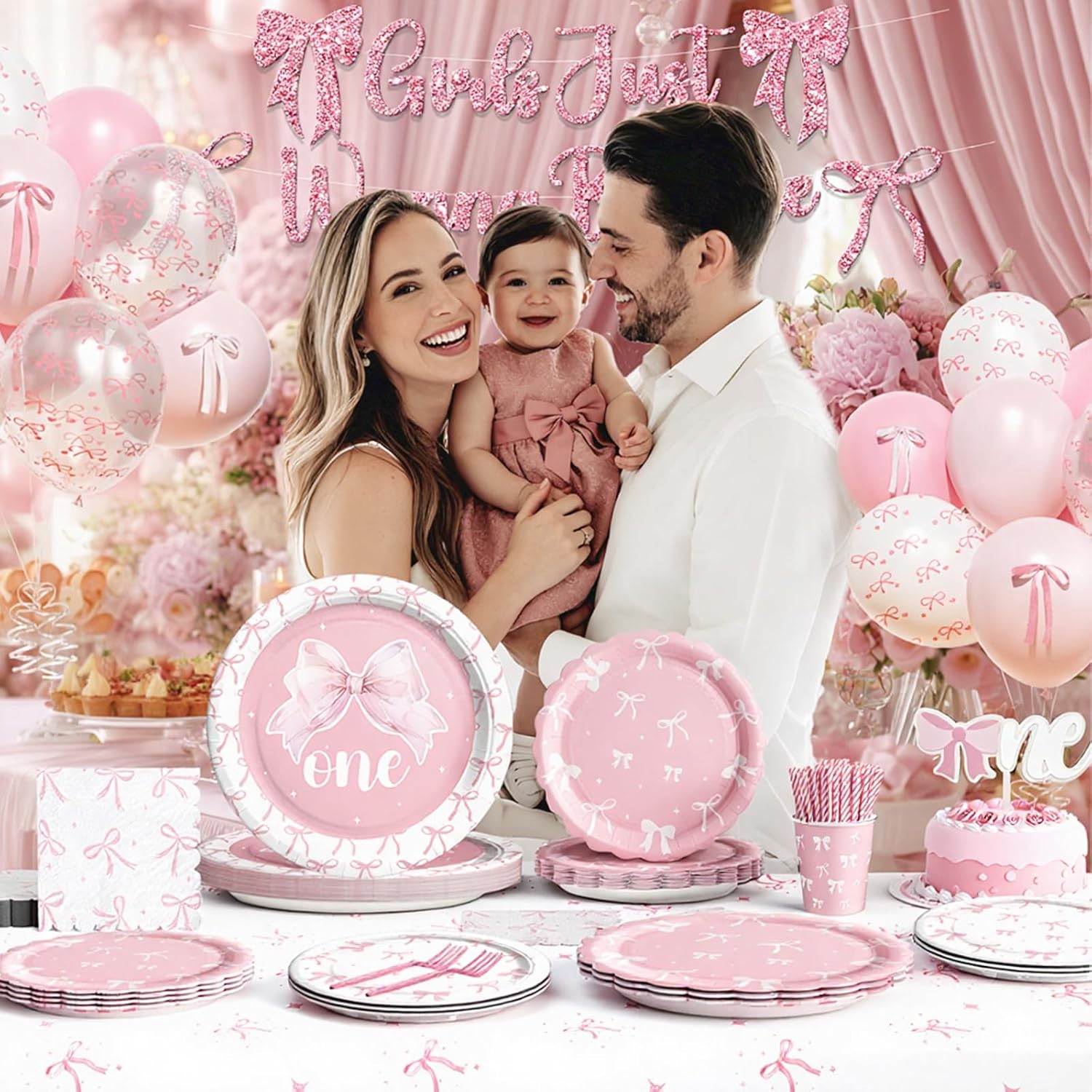 Costova Pink Bow 1st Birthday Party Decorations, First Birthday Supplies for Girl with Girls Just Wanna Be One Plates, Napkins, Tablecloth Cake Topper for Girls One Year Old Party Tableware Set