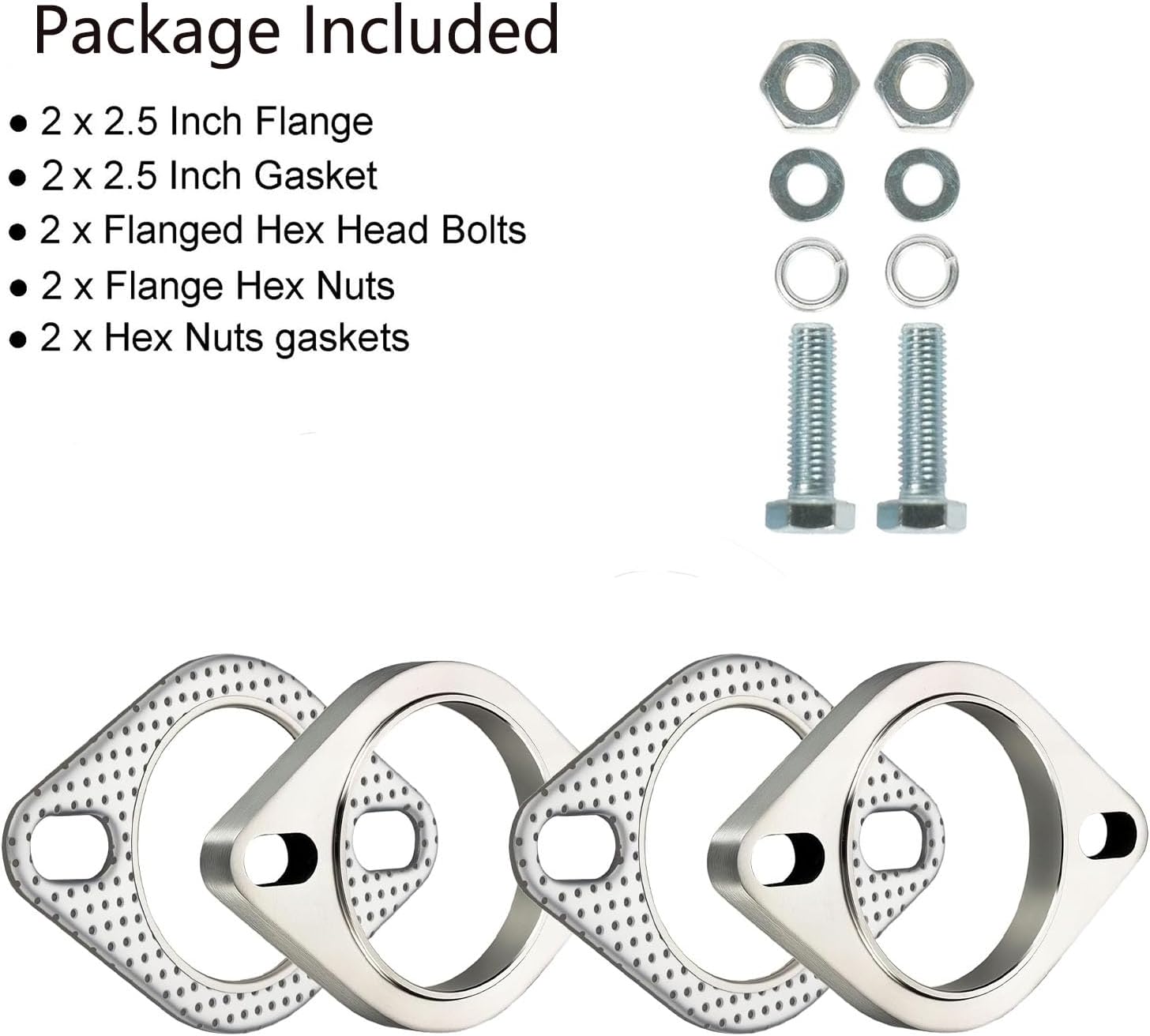 2 PCS 2.5 Inch 2 Bolt Exhaust Flange Connection Kit, Stainless Steel Exhaust Flange and Gasket Set with Bolts and Nuts, Exhaust Flanges with Flange Edge