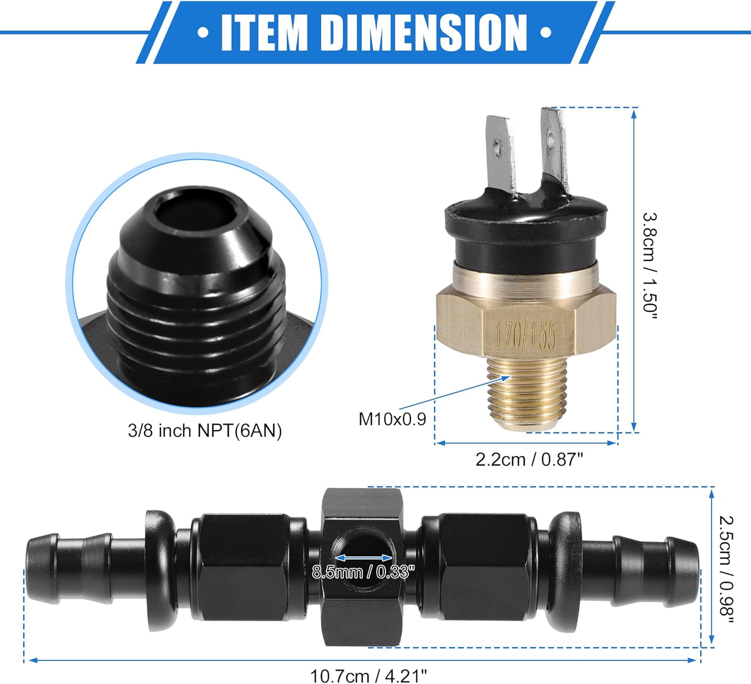 Coolant Hose Thermostat Switch Kit, 6AN 170'F on - 155'F Off Transmission Cooler Sensor Fan Oil Cooler Radiator Electric Switch Fitting Universal for Car Truck Metal Black