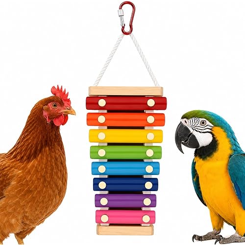 Chicken Xylophone, 8-Key Hanging Coop and Bird Cage Toy | Natural wood frame, 8 zinc-alloy keys, carabiner hanging, 9.4 x 5 x 1.2 in, for covered coops and cages