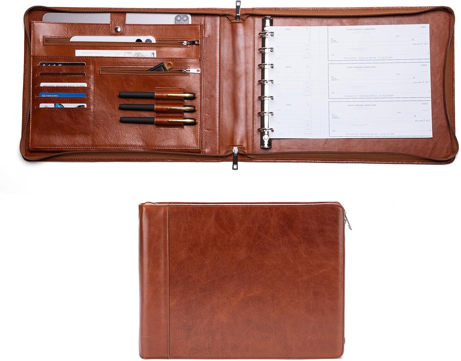 Geslun Genuine Leather 7 Ring Check Binder, Business