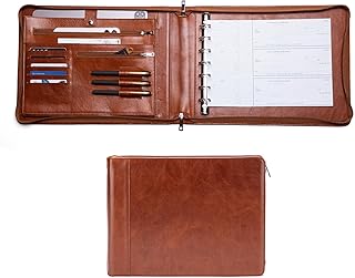 7 Ring Check Binder, Genuine Leather Business Checkbook Cover Holder, 3-On-A-Page for 600 Checks (9 x 13”), Desk Commercial Cheque Zippered Folder, Brown, Oil Tanned