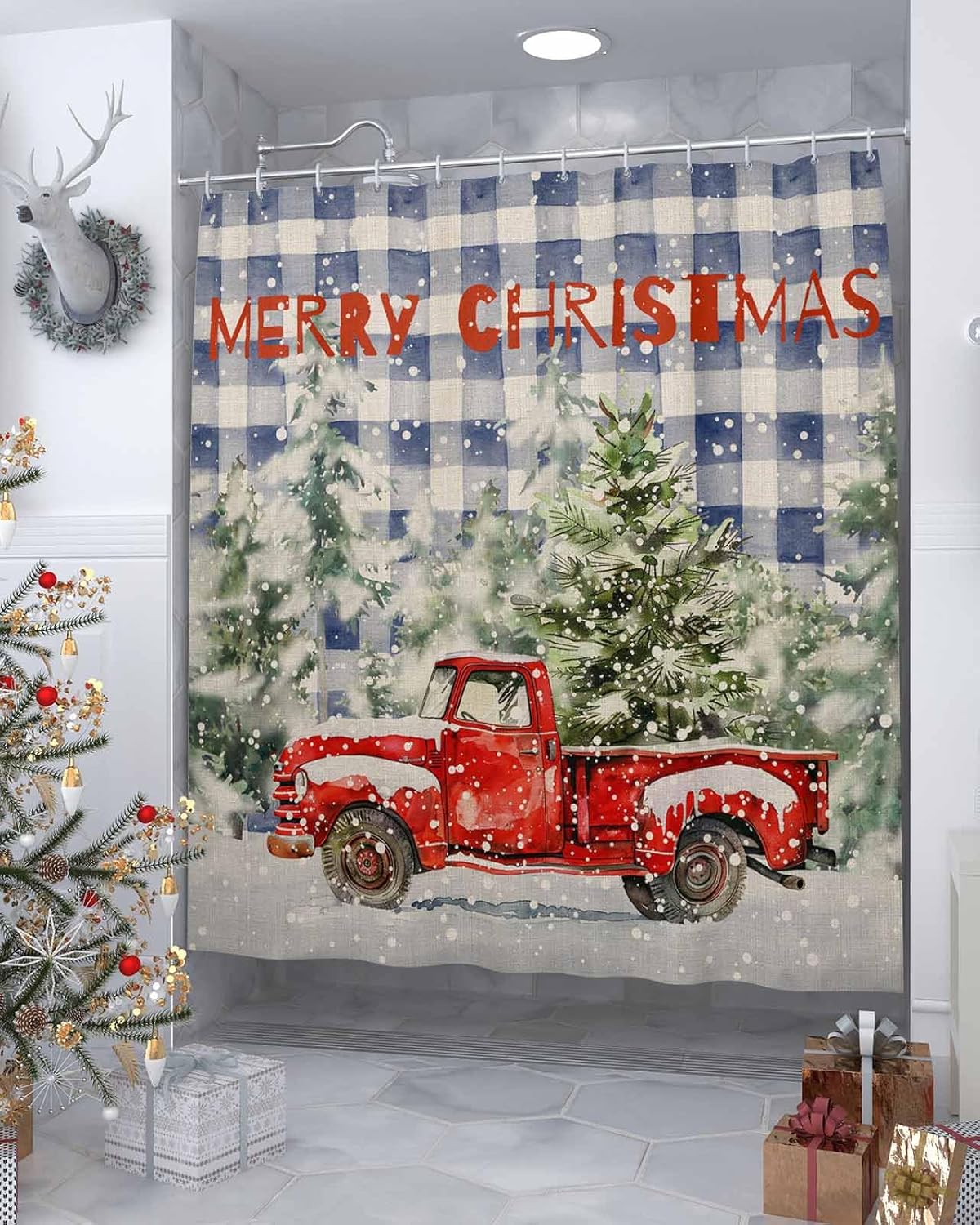 Christmas Truck Shower Curtain Set with Hook 66"x72",Snowy Pine Tree Xmas Buffalo Plaid Blue Washable Cloth Polyester Fabric Shower+Curtain,Waterproof Bath Curtains for Bathroom,Showers,Bathtubs Decor
