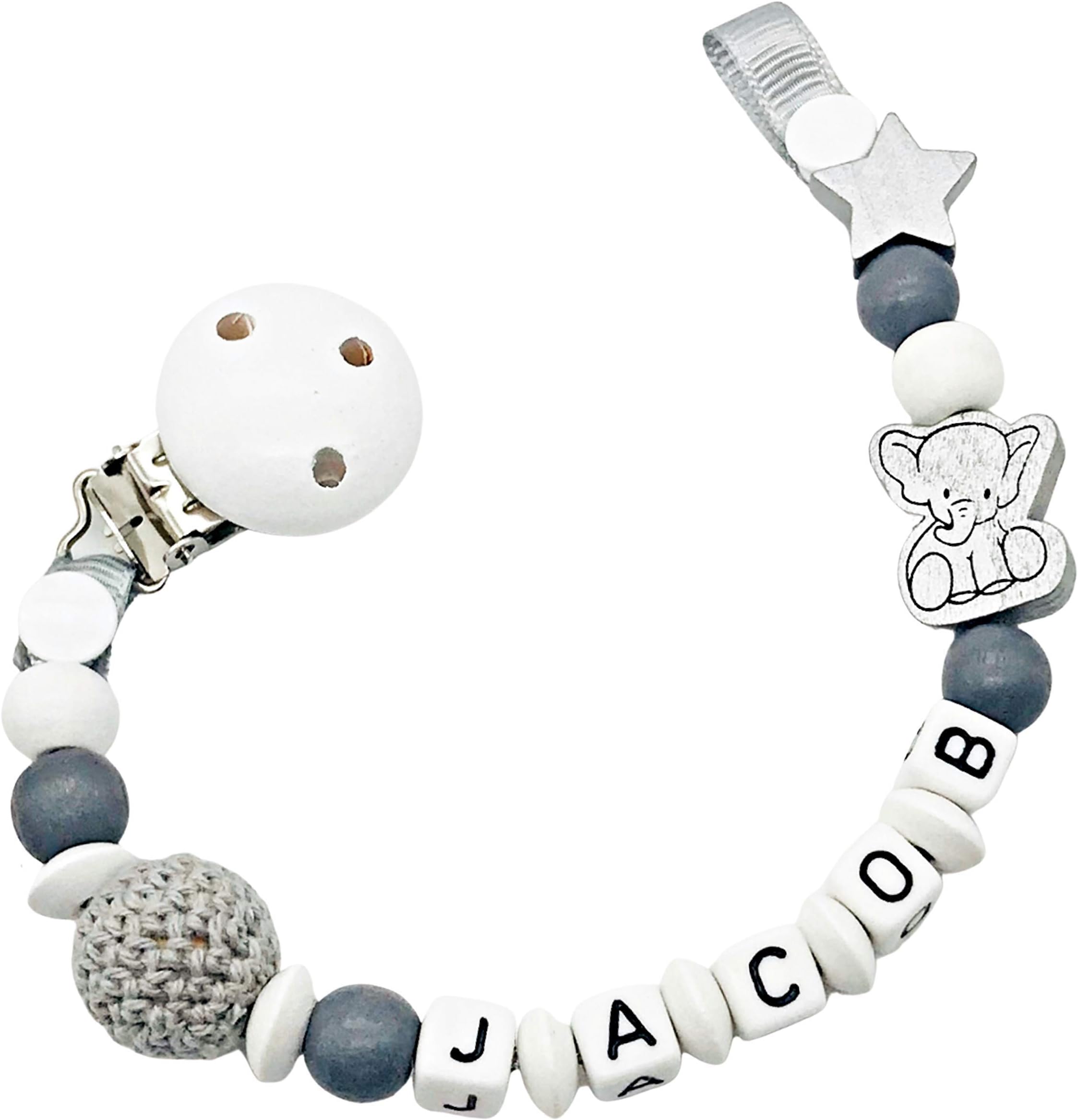 FLUFFY CLOUDS Dummy Clip | Personalized Pacifier Holder | Wooden Soother Chain | Baby Boys Girls | Grey Elephant