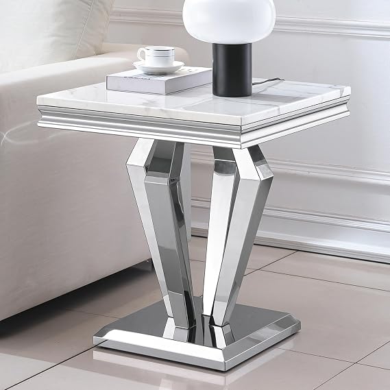 22.8 Square End Table, Modern White Faux Marble Side Table, Small Nightstand Bedside Table with Silver Mirrored Finish Double Diamond-Shape Stainless Steel Base for Living Room