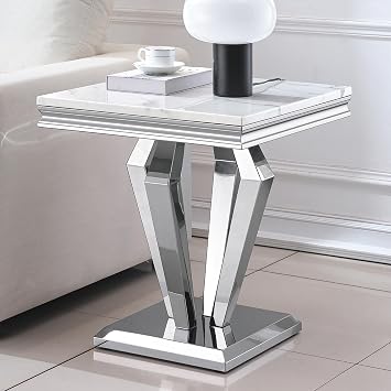 22.8" Square End Table, Modern White Faux Marble Side Table, Small Nightstand Bedside Table with Silver Mirrored Finish Double Diamond-Shape Stainless Steel Base for Living Room