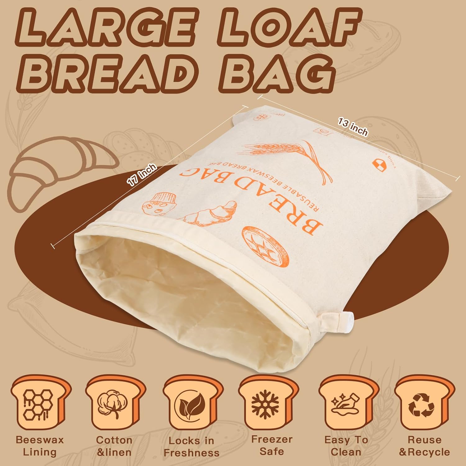 2-Pack Reusable Beeswax Bread Bags for Homemade Bread & Sourdough,Eco-Friendly Bread Storage with Zipper Seal, Freshness Keeping & Freezer Safe, 17"x13" Linen Bags, Bakery Essentials