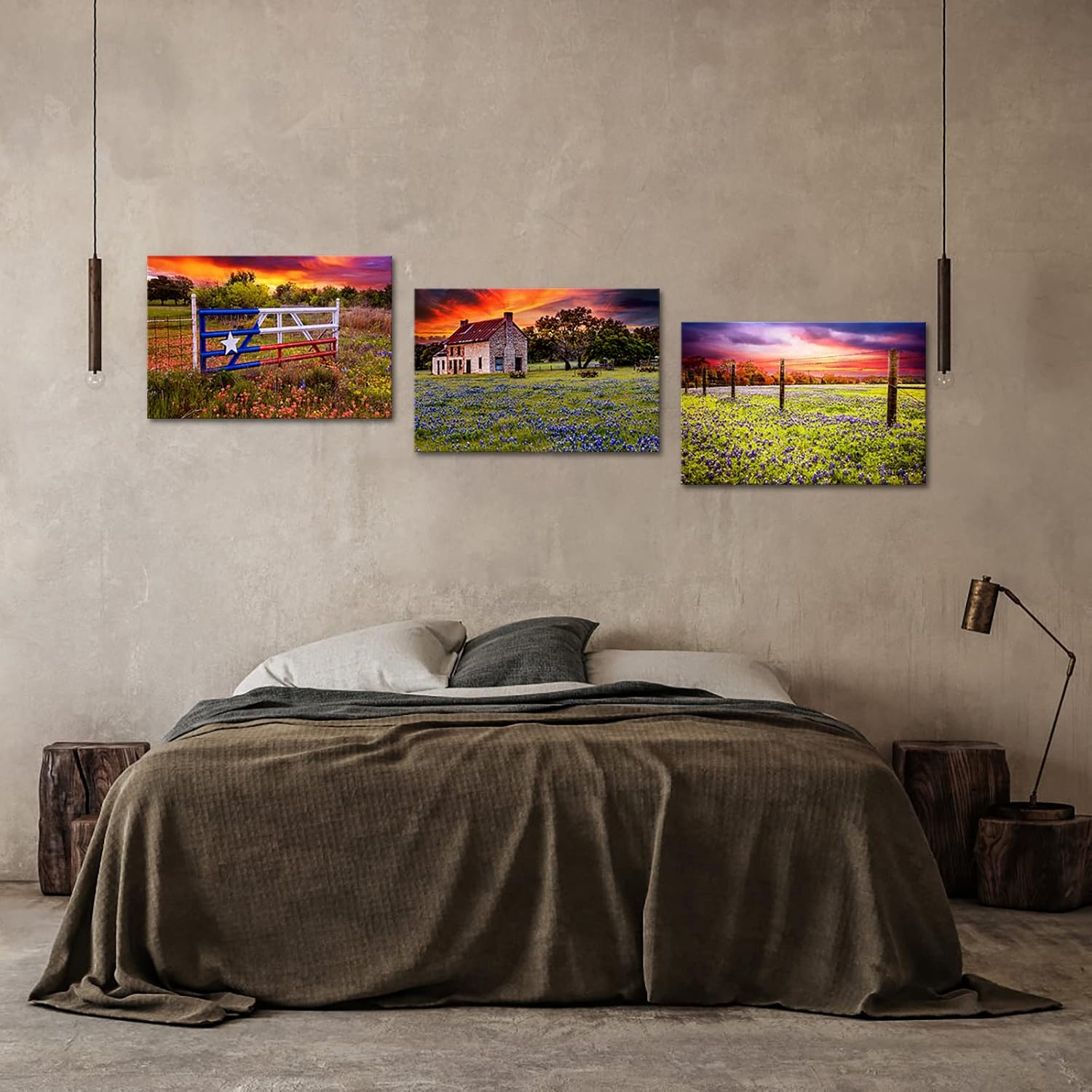 OuElegent Texas Canvas Wall Art Bluebonnet Field Prints Farmhouse Sunset Landscape Painting Pictures for Living Room Kitchen Bedroom Office Home Decor Ready to Hang 3 Panels (medium)