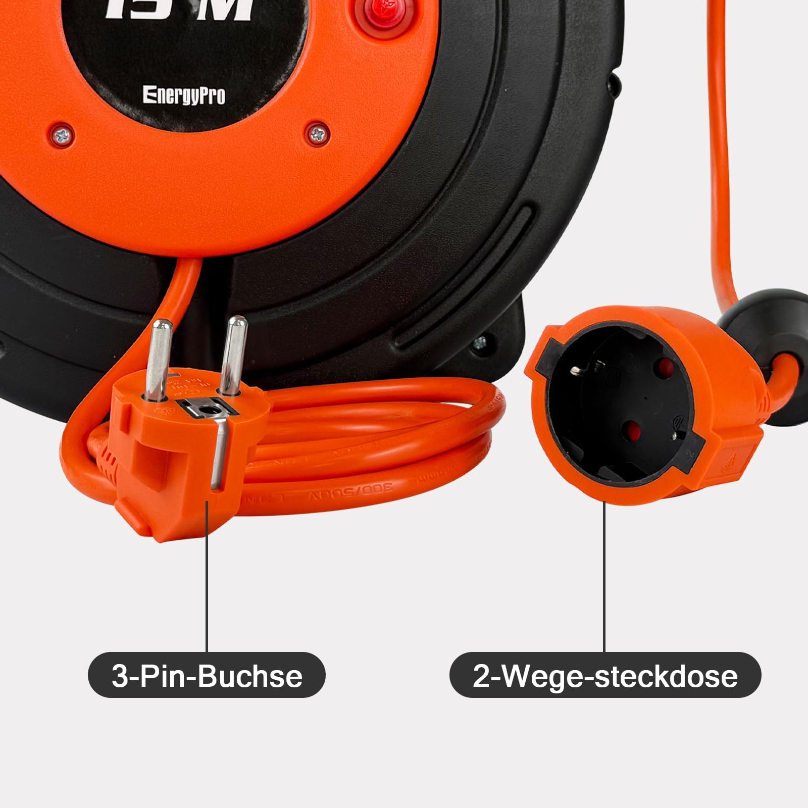 EnergyPro Carrete de cable automático de 15 m, 2300 W, montaje en pared, con certificado TÜV y kit de montaje, carrete de cable exterior para jardín, taller y garaje
