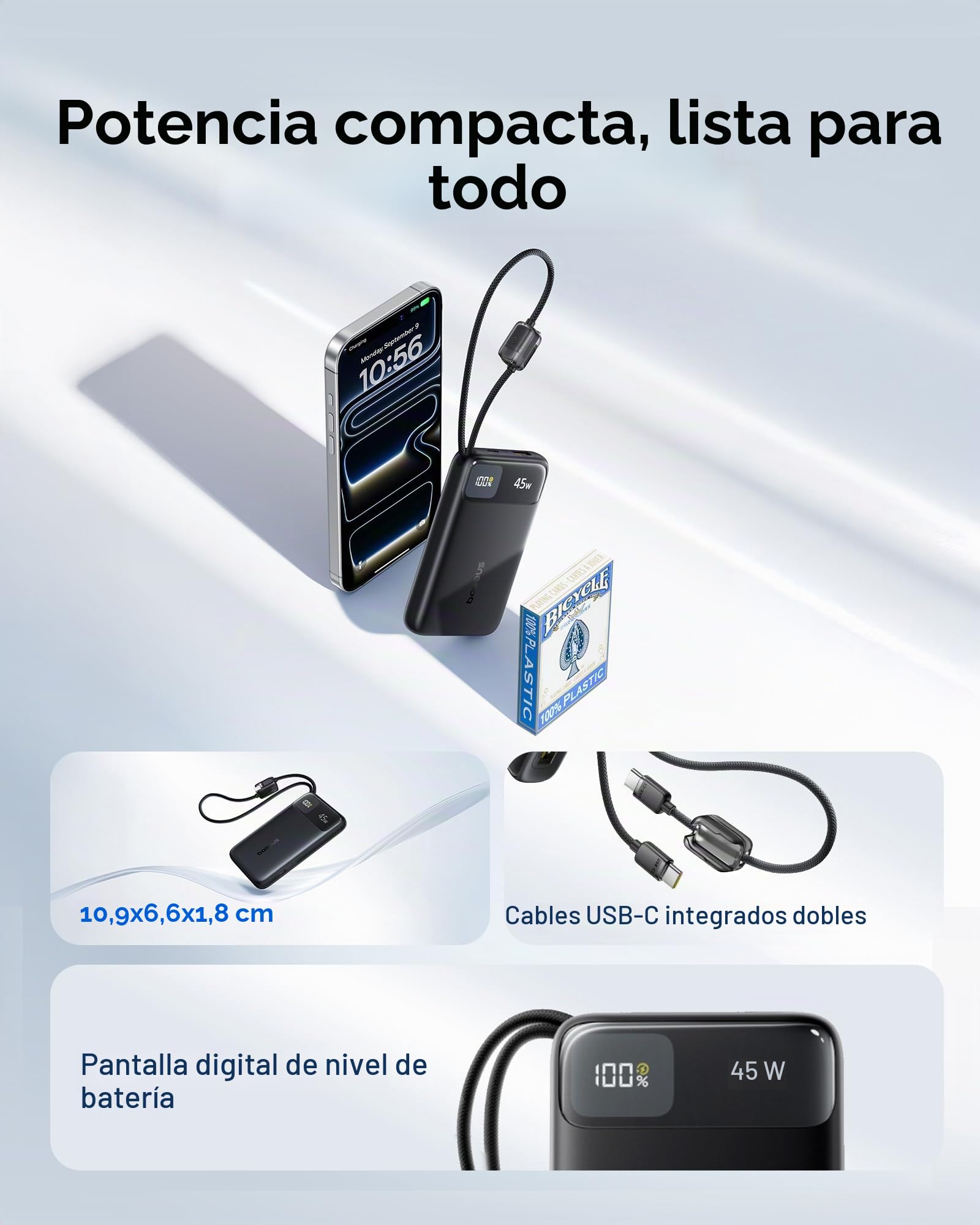 Baseus FC11 Powerbank 45W 10000mAh con 2 cables USB-C integrados, Power Bank Klein CCC Certificación con pantalla LED, baterías externas Mini para iPhone 17/16/15/14 Pro Max, iPad, Samsung