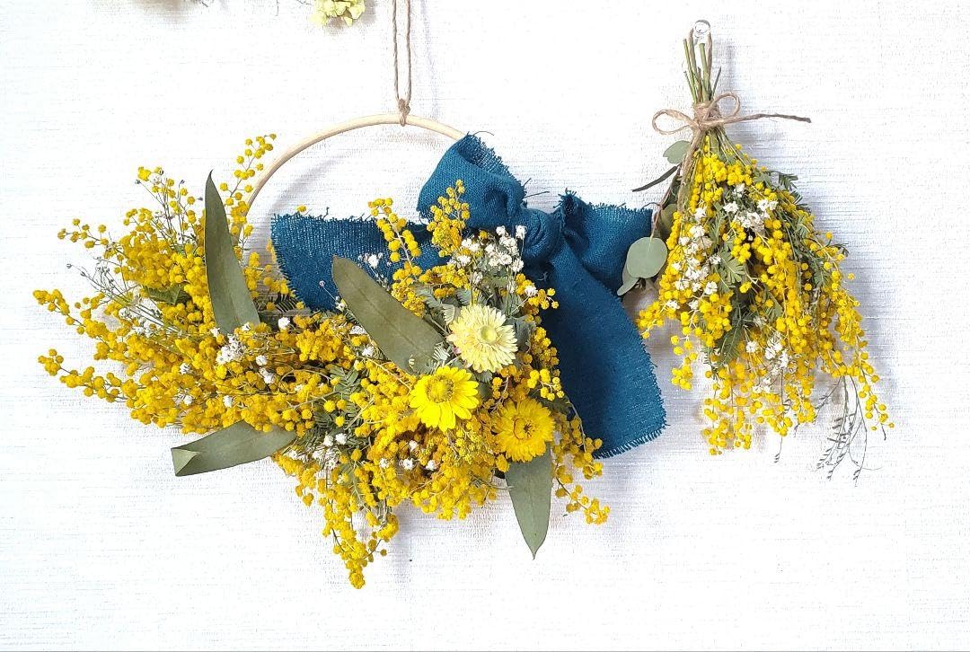 ミモザとかすみ草のリース★ドライフラワーリース Amazon | 2点set ミモザとかすみ草のドライフラワーハーフリース&ミニ
