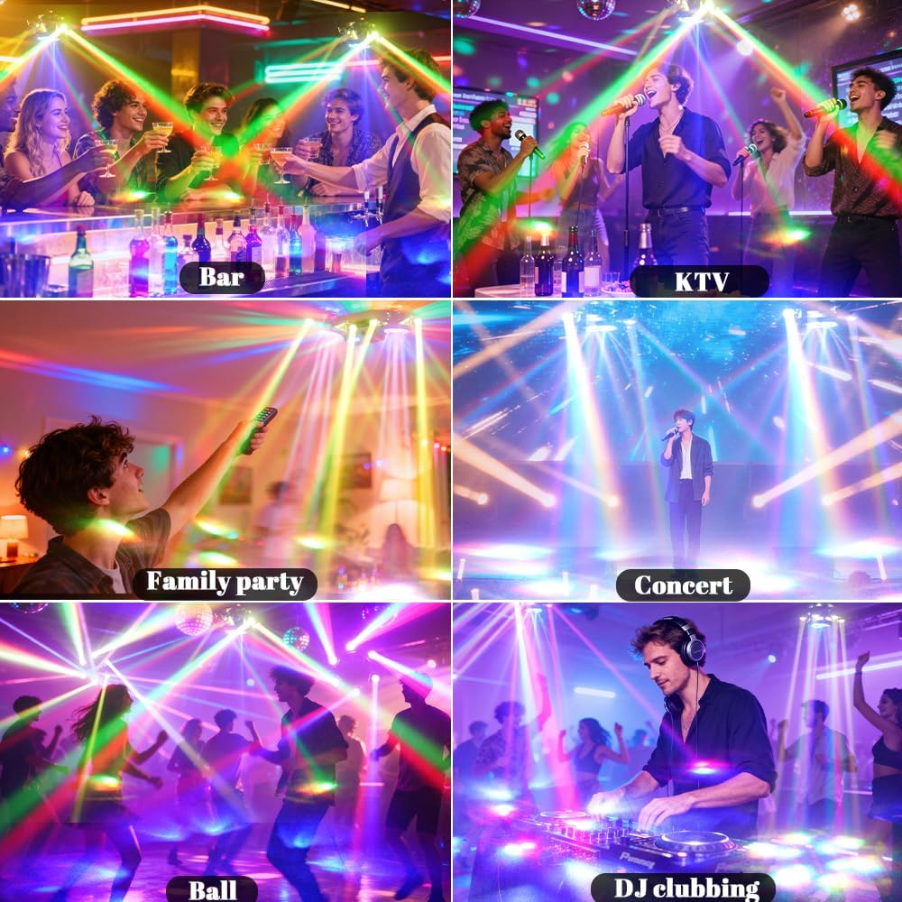 MINGJIE 6 Arm Moving Head DJ Lights, 150W RGBW LED Stage Lighting with Strobe & Bee-Eye Effect, Red/Green Starry, DMX512,Remote Control,Sound Activated, 540° Rotation for Parties,Clubs,Disco(Gen II)