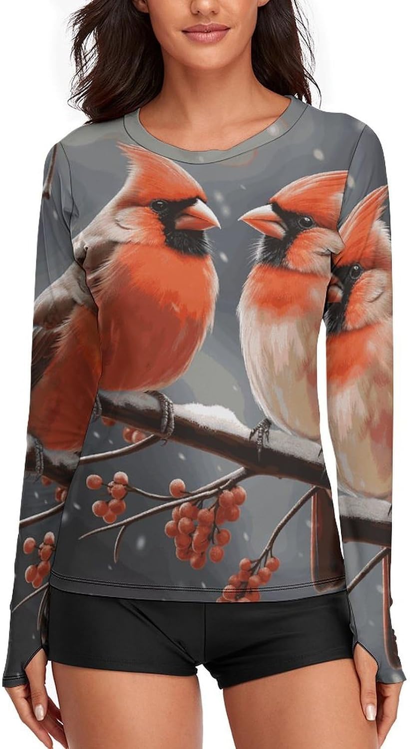 Cute Cardinal Birds Rash Guard for Women UPF 50+ UV Sun Protection | Long Sleeve Workout Top Quick Dry Athletic Hiking Shirt Moisture Wicking Swim Shirt for Running, Cycling, Swimming