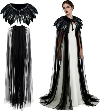 ISparbox Federumhang Negro – Chal De Plumas Para Halloween, Capa Gótica De 190 Cm Para Mujer, Cosplay Y Carnaval