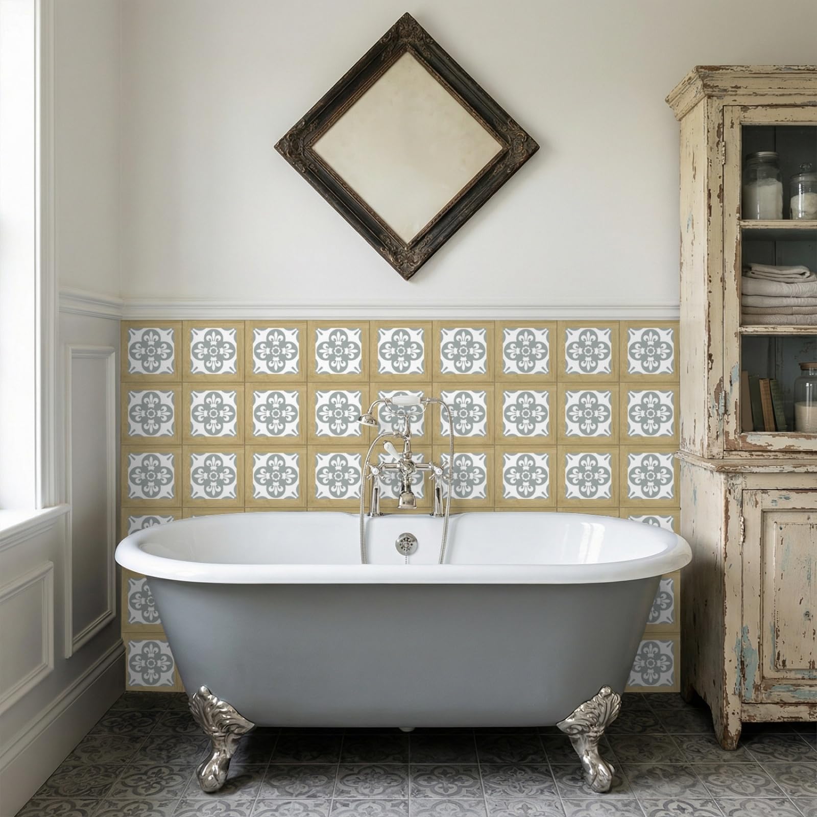 Rmjcxys Grey Retro Morocco Stick On Tiles Kitchen Tile Stickers Waterproof Vinyl Decals Self Adhesive Stick On Bathroom Tiles Backsplash Decorative Tile Covers 20X20 Cm/ 5 Pcs