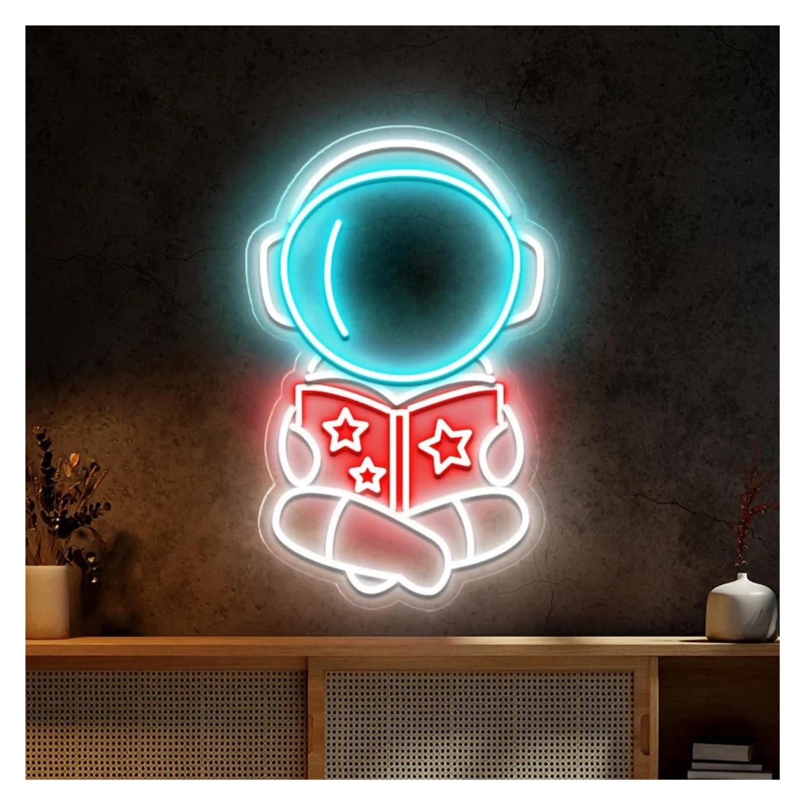 LEMST Signs Lamp Astronaut Reading Neon Signs USB Powered Astronaut Neon Lights Adjustable Brightness, for Club Bistro Decor 30cmx39cm(E)