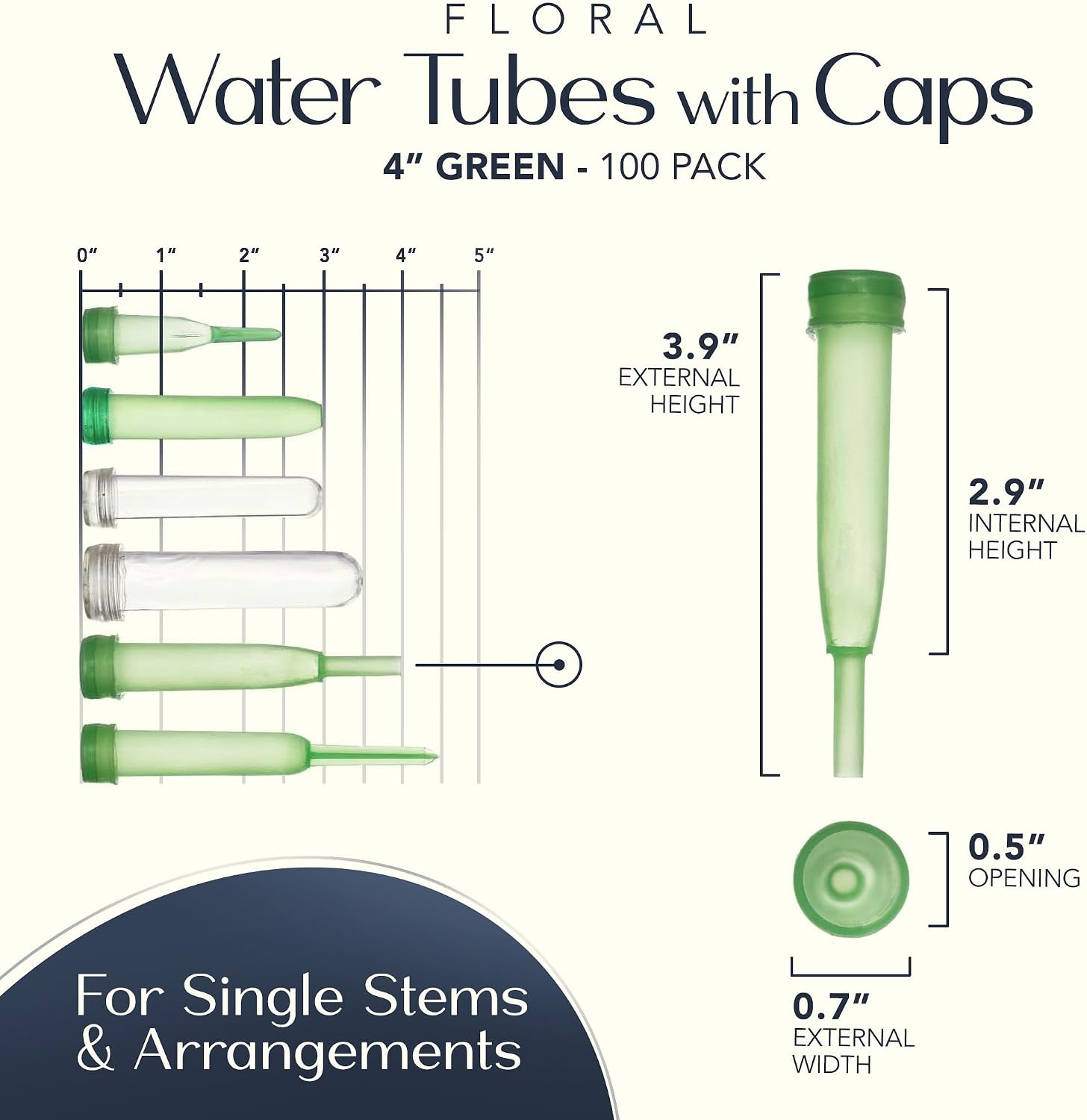 Royal Imports Floral Water Tubes with Caps – 4" Green Plastic Flower Vials for Single Stem Roses, Buds, Bouquets – Extendable Style, 1/2" Opening – 100 Pack