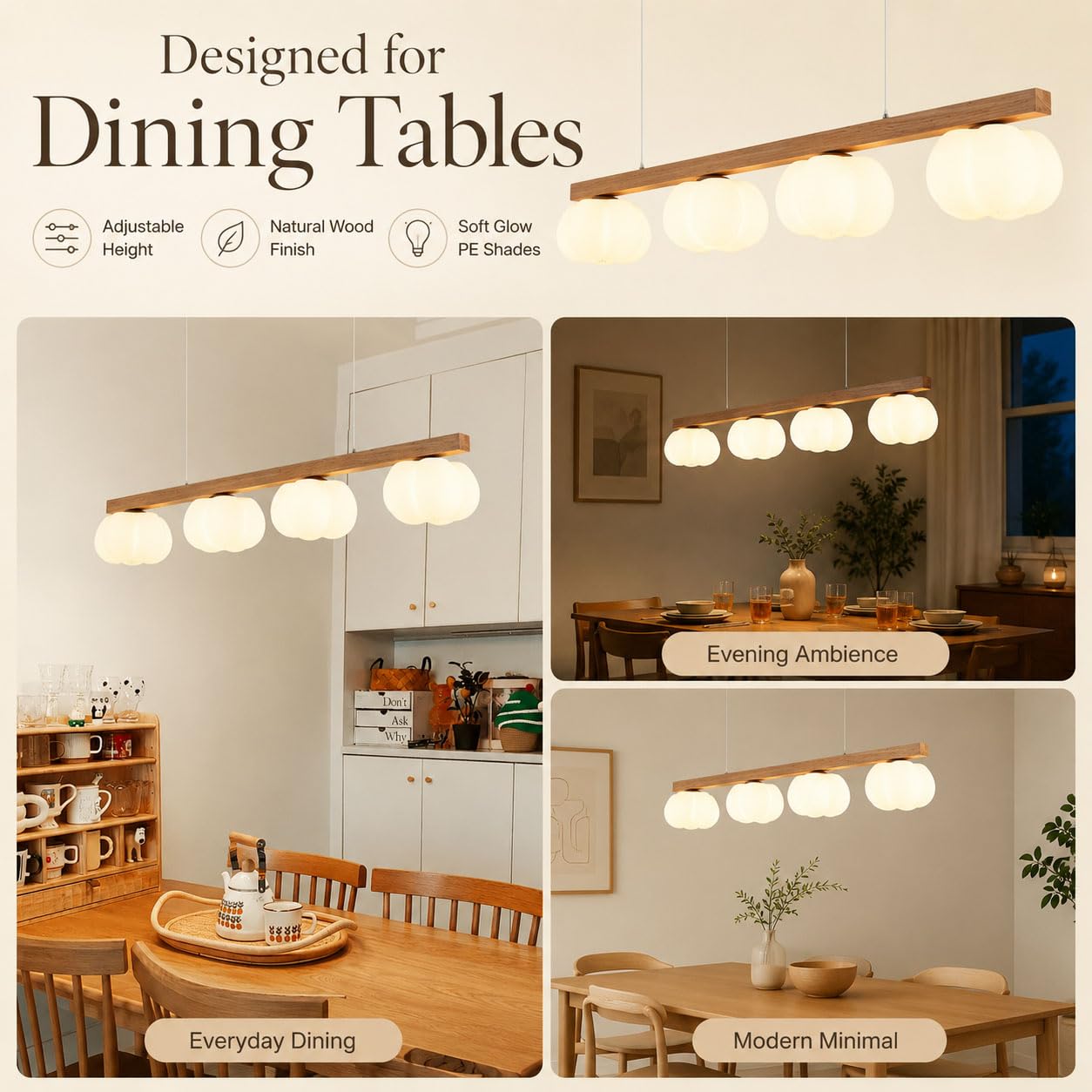 Lampadario Cucina LED in Legno, a Sospensione per Sala da Pranzo