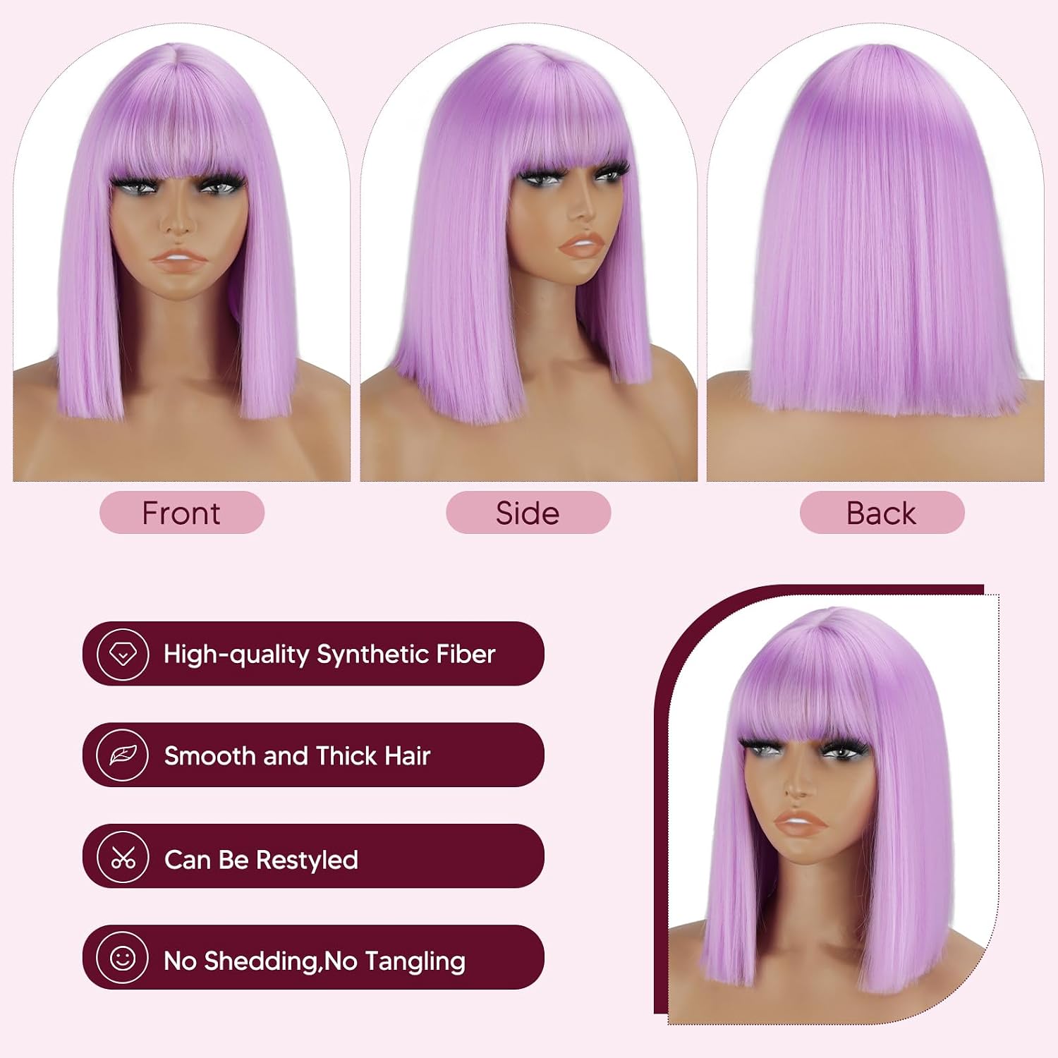 Short Purple Bob Wig with Bangs,Straight Bob Purple Coraline Hair for Women, Short Bangs Wig Synthetic Natural Looking for Party