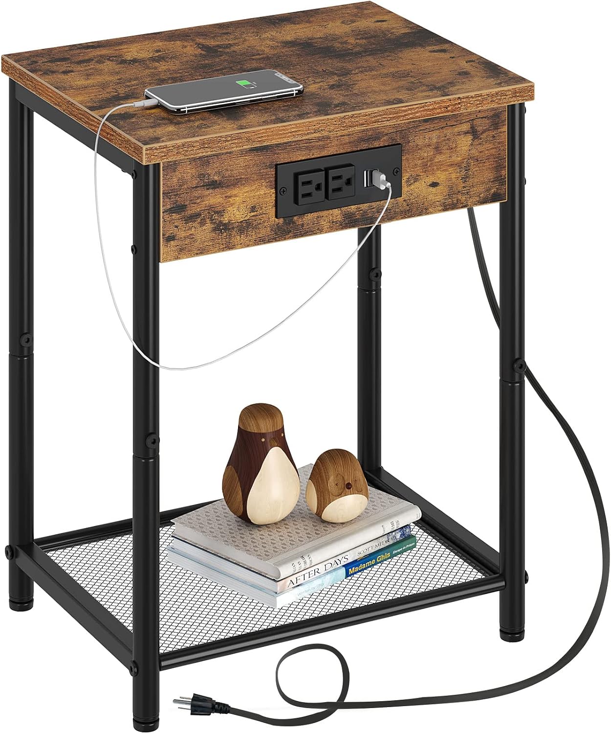 Seventable End Table with Charging Station & USB Ports, Narrow Side Table for Living Room, Nightstand with Storage Shelf 2-Tier Sofa Table for Bedroom Rustic Brown