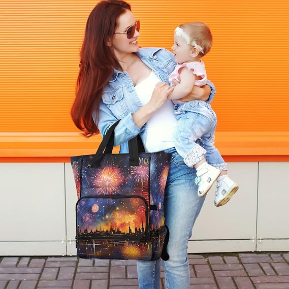 Colorful Firework Diaper Bag Backpack, Unisex Travel Baby Backpack Diaper Bags with Stroller Straps & Pacifier Case, Large Capacity Waterproof Diaper Backpack