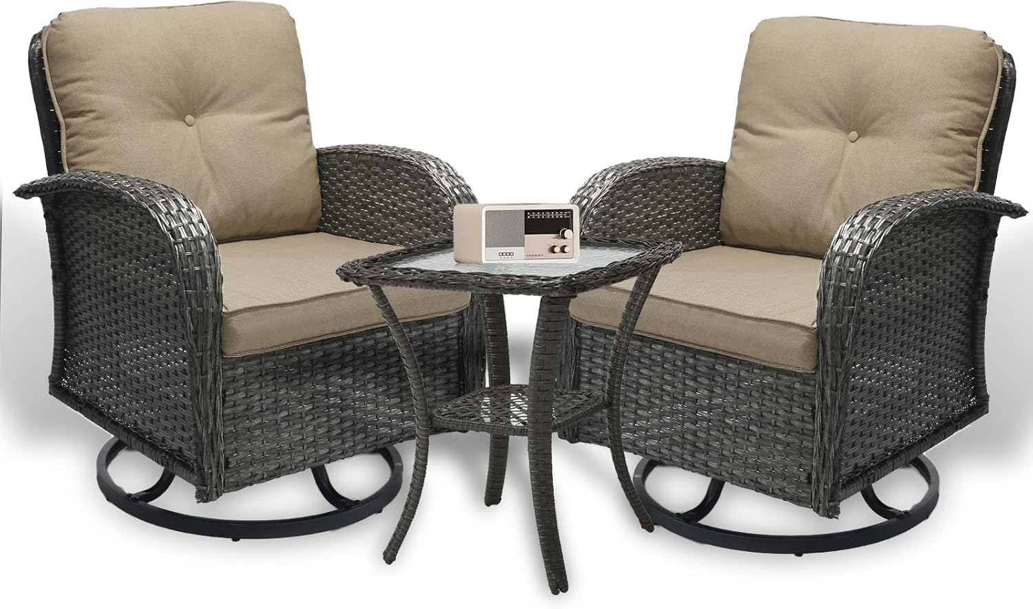 SHGJ&SOFT 3 Piece Patio Furniture Set, 2 Outdoor Swivel Rocking Chairs with Side Table, Wicker Glider Chairs, All-Weather Rattan Bistro Set for Porch, Deck, Pool (Khaki, Brown Full-Weave Rattan)