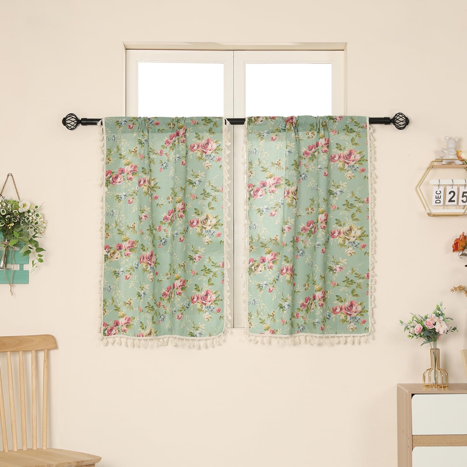 2 Panels Linen Tassels Curtains Farmhouse Floral on Green Vintage Semi Sheer Window Curtain for Kitchen Bathroom, 26x54in Tiers Curtain
