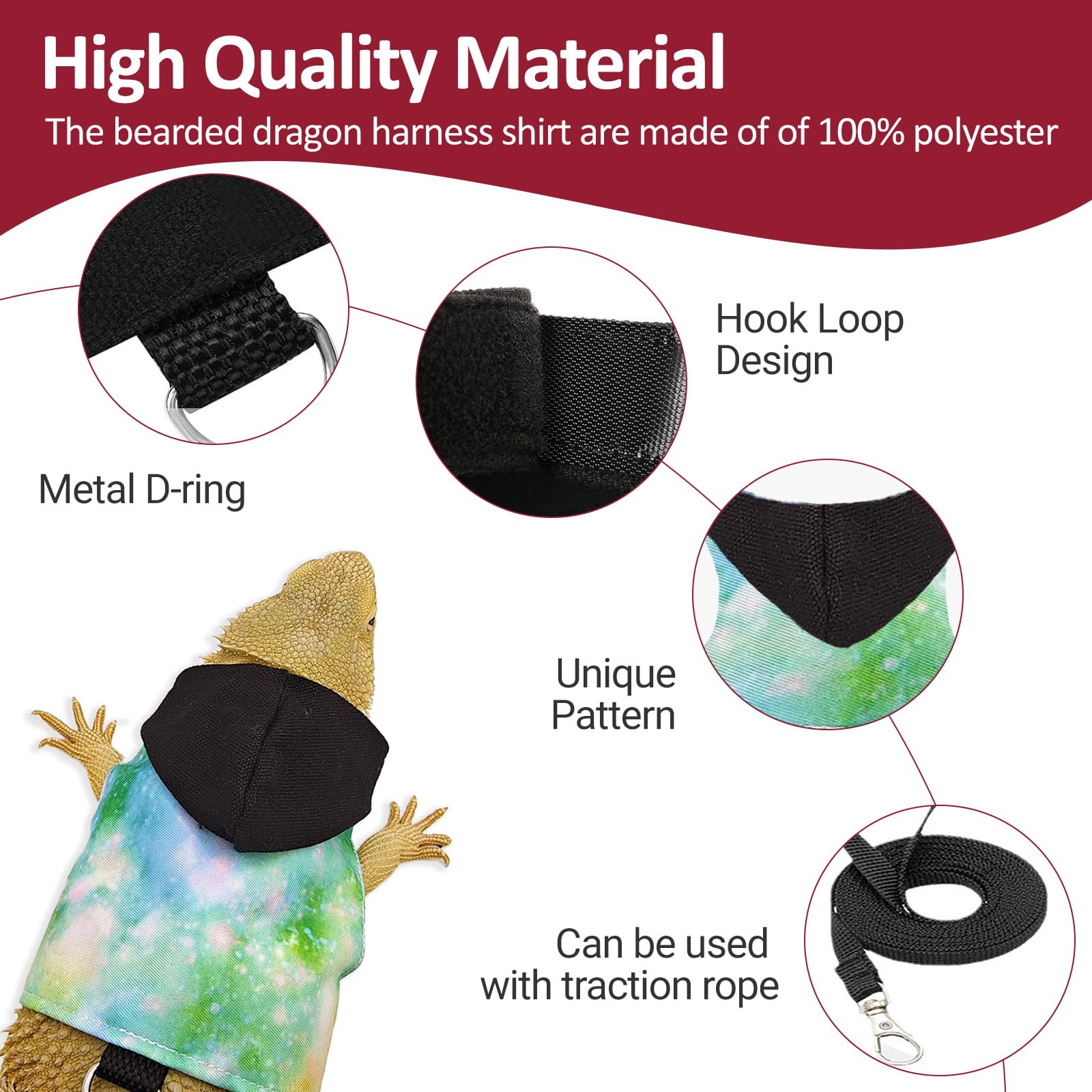 Bearded dragon lizard hoodie leash suit reptile pet outdoor chest harness chameleon squirrel leash hooded clothes suitable for bearded dragon lizard reptiles(Black hat) - Image 3
