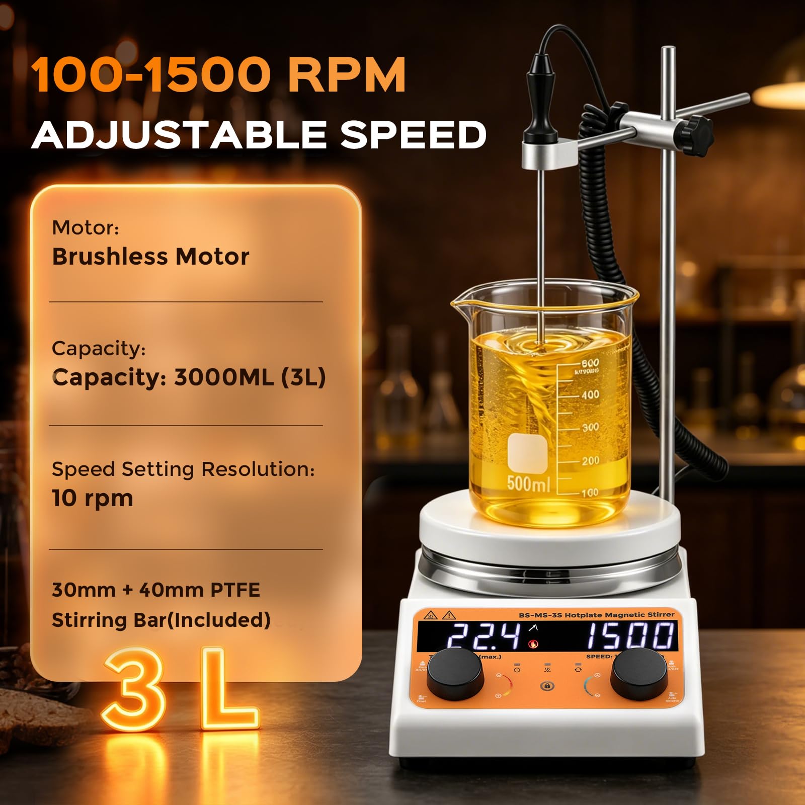 Bonvoisin Agitador Magnético con Placa Calefactora, 3L, 100-1500 rpm, 320W | Placa de 140 mm, Motor Sin Escobillas, Inversión Automática, Temporizador 0-99h59, LED, Silencioso, Incluye 2 Agitadores