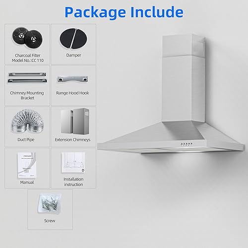 Miniatura 9 de FIREGAS Campana extractora de 30 pulgadas, tipo de montaje en pared con conductossin conductos, convertible de acero inoxidable de 450 CFM, campana