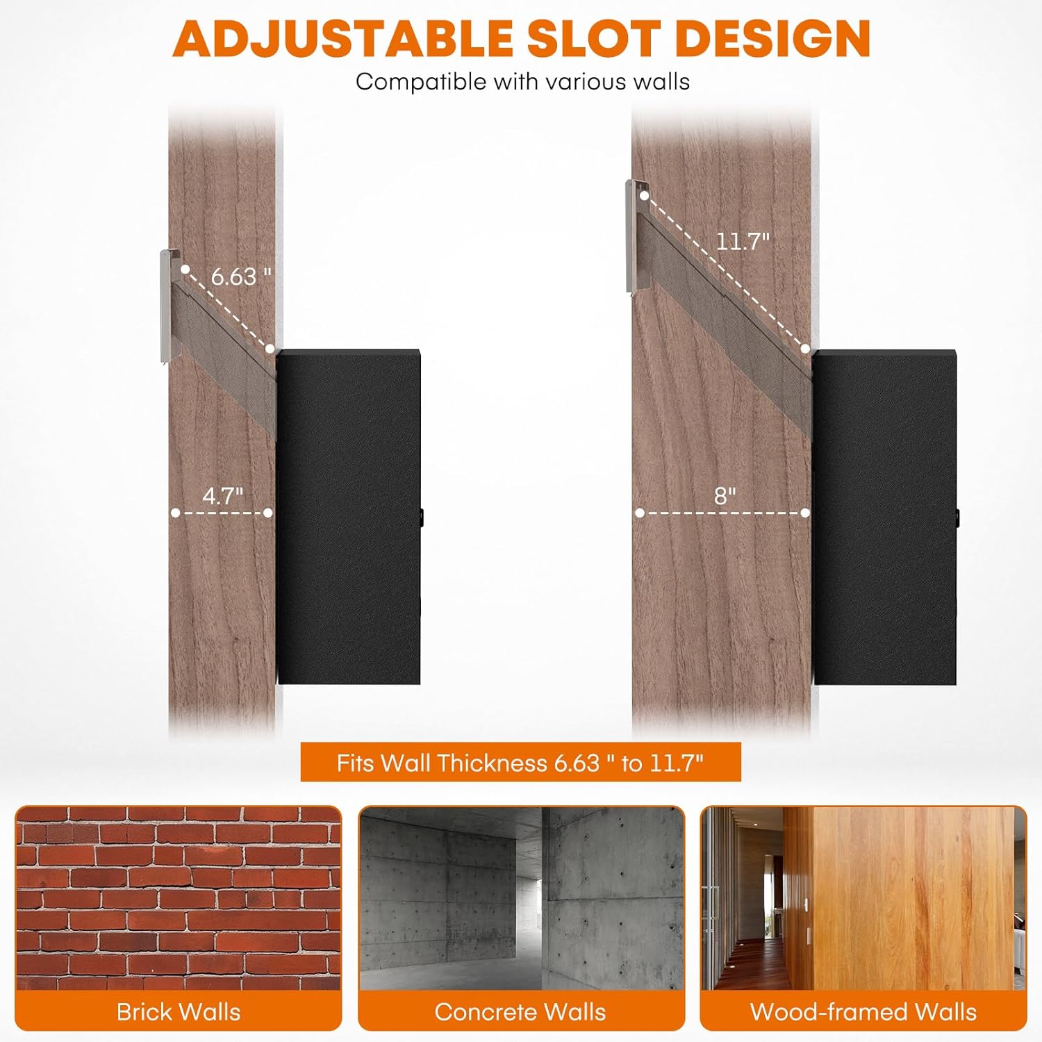 Through-The-Wall Drop Box with Rainproof Slots, 12.28''x6.4''x14.87'', Heavy Duty Steel Mailbox with Key Lock and 6.63"-11.7" Adjustable Chute, for Mail, Checks, Letters, Cash (Black)