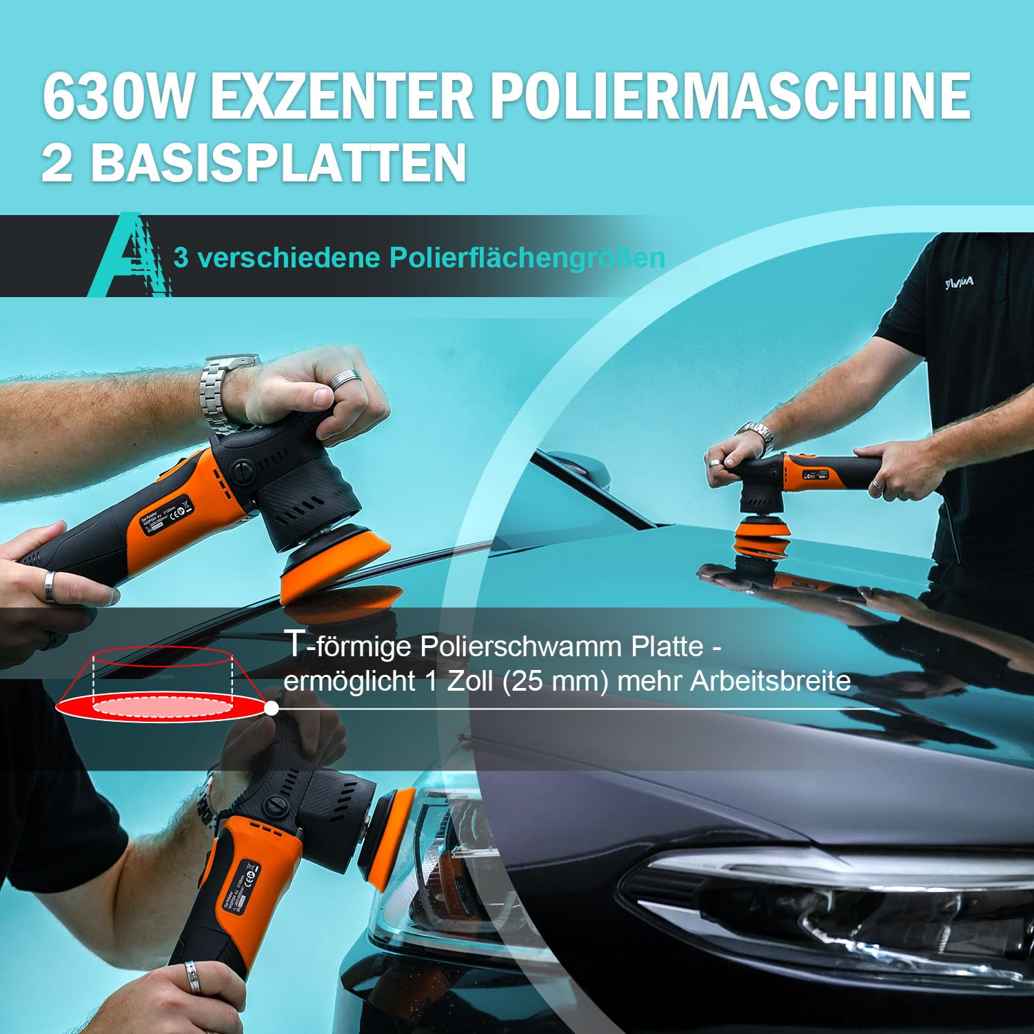AUTIWOZ W02 Exzenter Poliermaschine Mini,630W Auto Polieren von Scheinwerfern,12mm Orbit Poliur für Details/Gesamte Fahrzeug,50mm/75mm Stützteller,2500-7000RPM,Kratzwaxer Wachsen Polier Schleifen