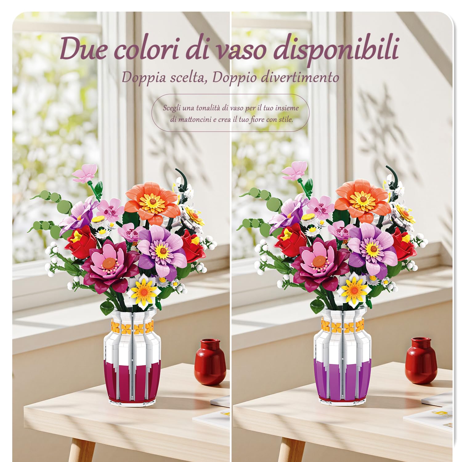 Set di Costruzione di Mazzetto di Fiori con Vaso Bicolor, 16 Set di Mazzetti di Fiori Artificiali per Adulti e Donne, Compatibile con la Collezione Botanica di Mazzetti di Fiori Lego, 1278 Pezzi
