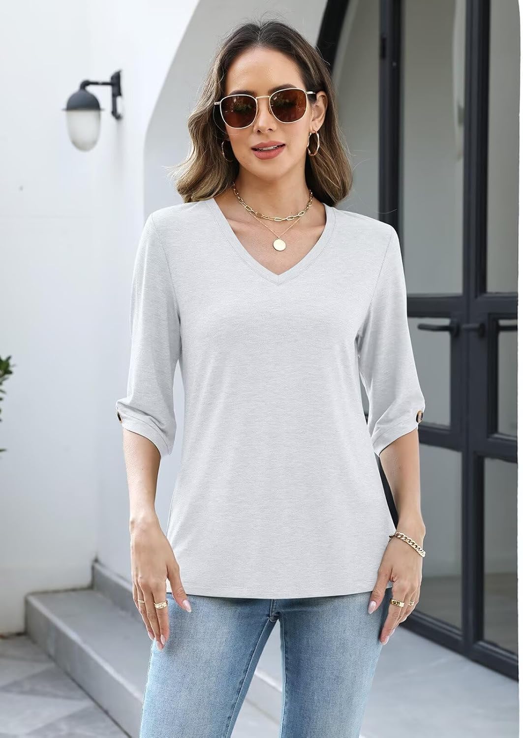 TICTICMIMI Womens Tops 3/4 Length Sleeve V Neck Casual Trendy Button Tunic Tops Summer Basic T-Shirts Loose Fit Pullover - Image 5